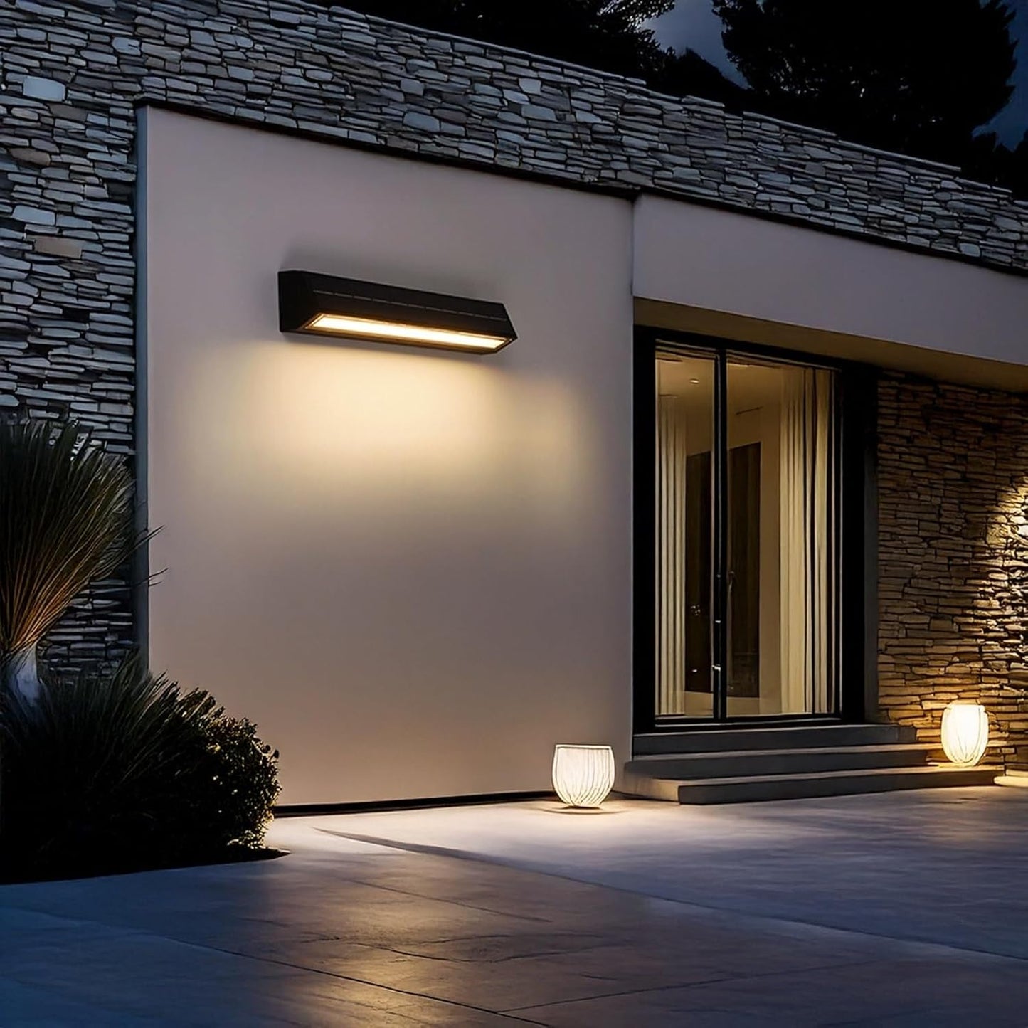 Solar Outdoor Wall Lamp, Modern Motion Sensor Fixture, Waterproof Wireless LED Night Lighting for Porch Patio Fence Garden Deck Yard Pathway Gate Balcony Entryway Home Use Cottage