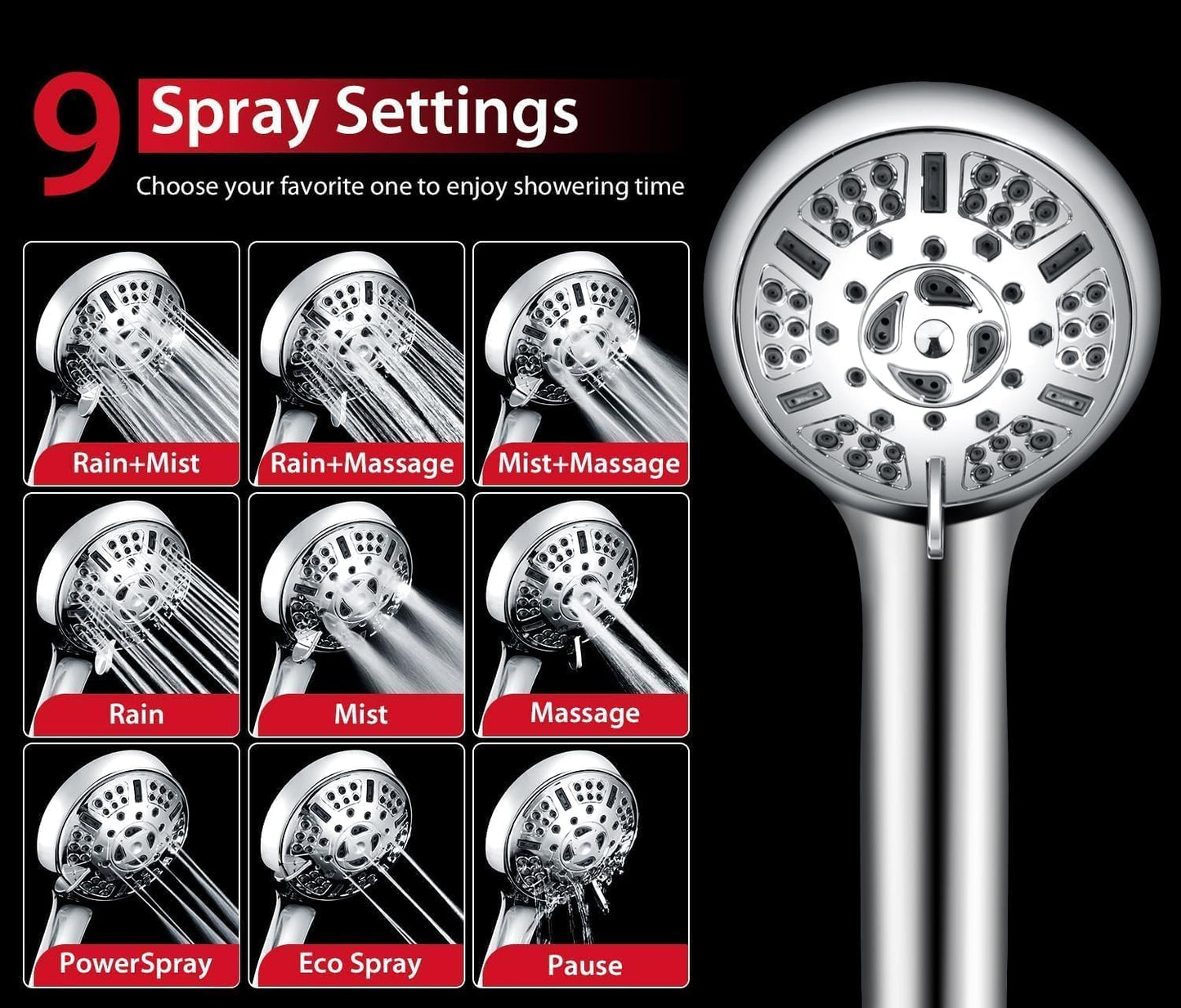 GRICH 2.5GPM Shower Head with Handheld Spray Combo: 2 in 1 Rainfall Shower Heads high pressure & Handheld Shower Head, 9 Spray Modes/Settings Detachable Shower Head with 60 Inch Hose