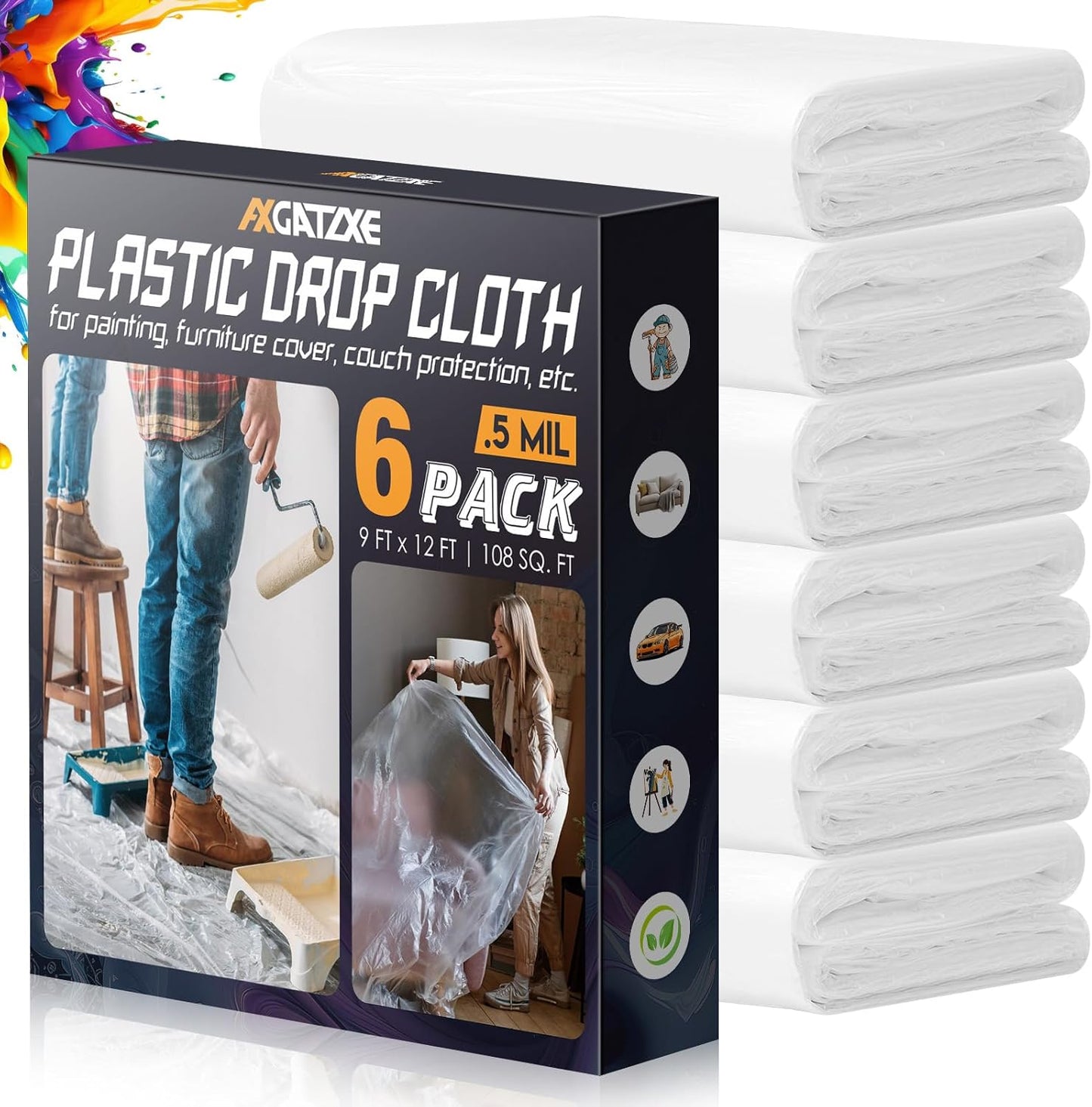 12 x 9 Ft Plastic Drop Cloths (6-Pack) - Disposable Painter's Sheeting