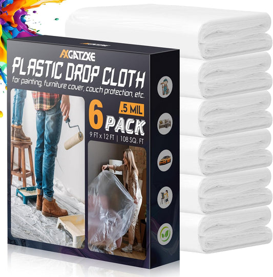 12 x 9 Ft Plastic Drop Cloths (6-Pack) - Disposable Painter's Sheeting