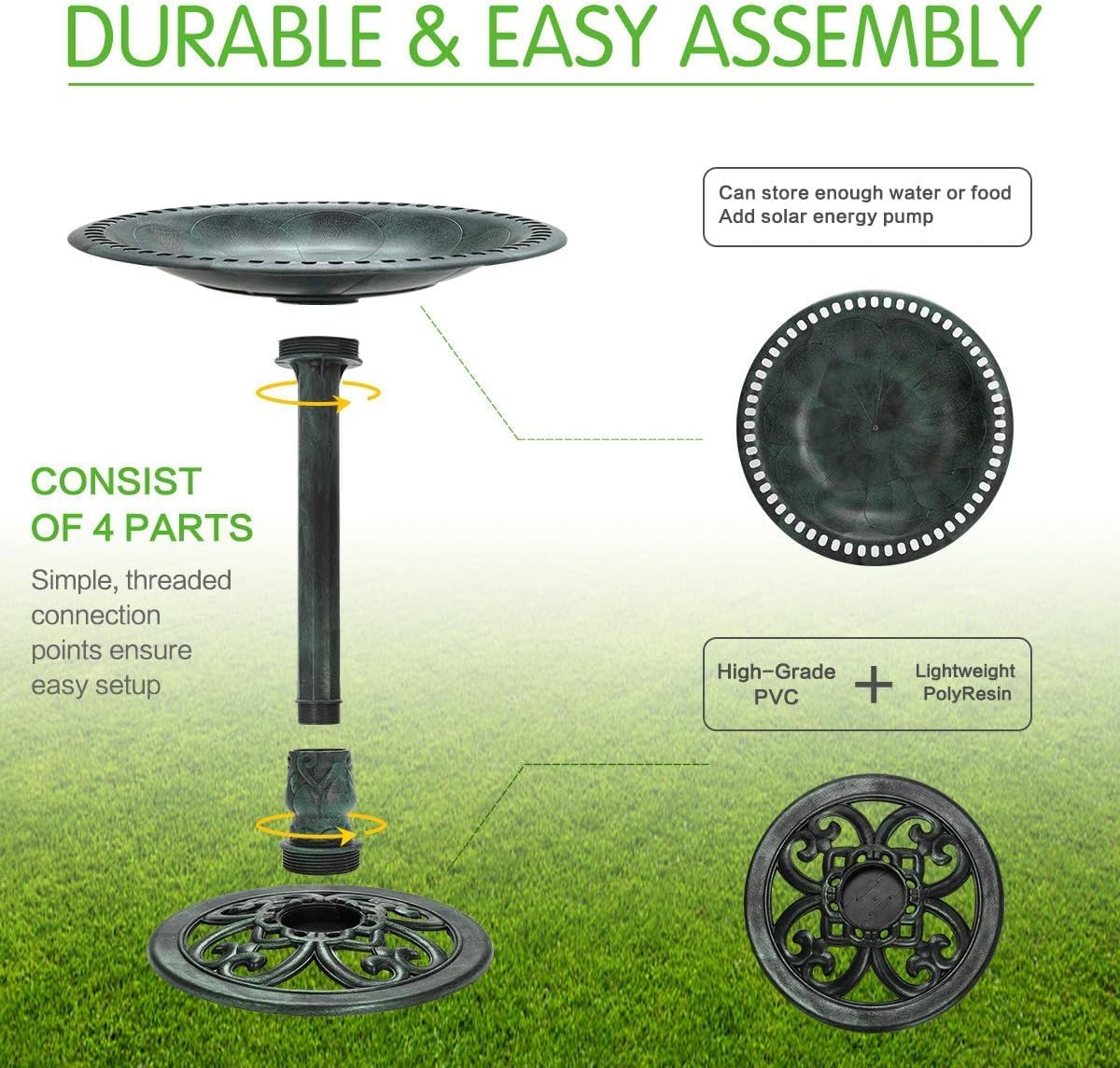 KKY 28 Inch Bird Bath Outdoor Garden Resin Lightweight Retro Courtyard Art Green Color