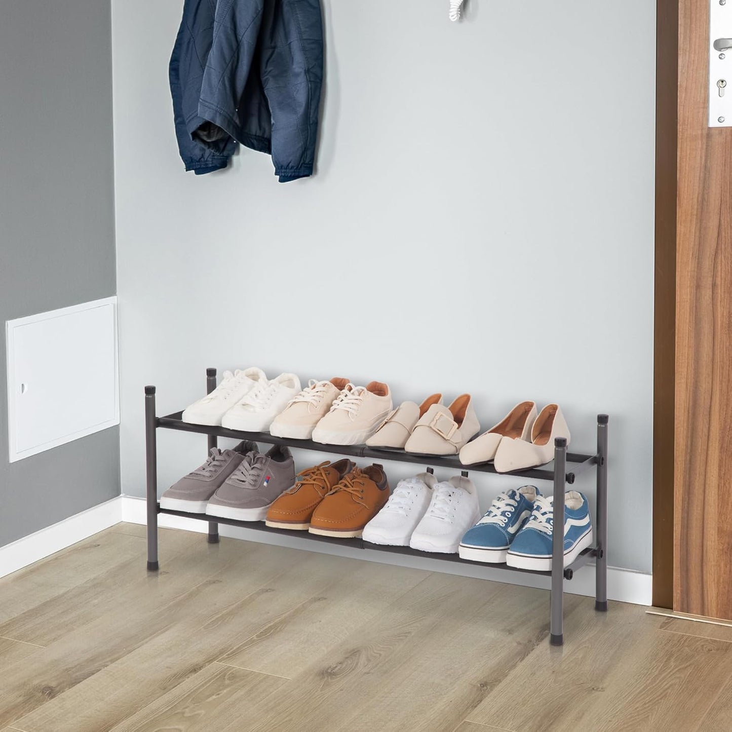 STORAGE MANIAC Expandable Shoe Rack, 8 Pairs Stackable Small Shoe Rack, Metal Adjustable Shoes Organizer for Closet, Entryway, Hallway, Garage, Front Door, Shoes Shelves, Black 2 Tier