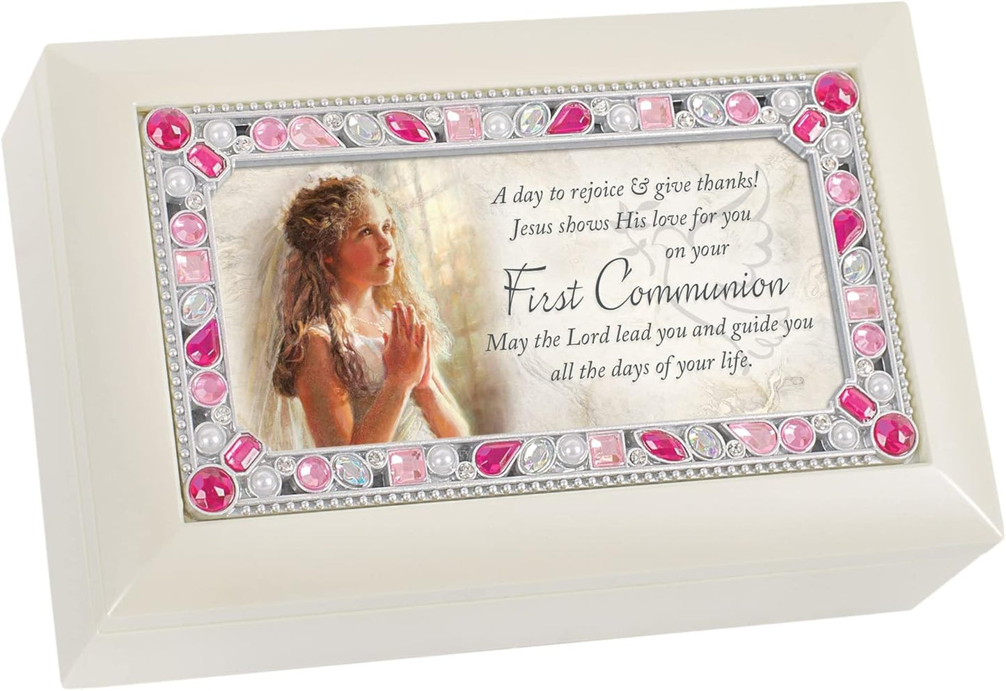 Cottage Garden First Communion Girl Praying Rejoice Matte Ivory Jewelr