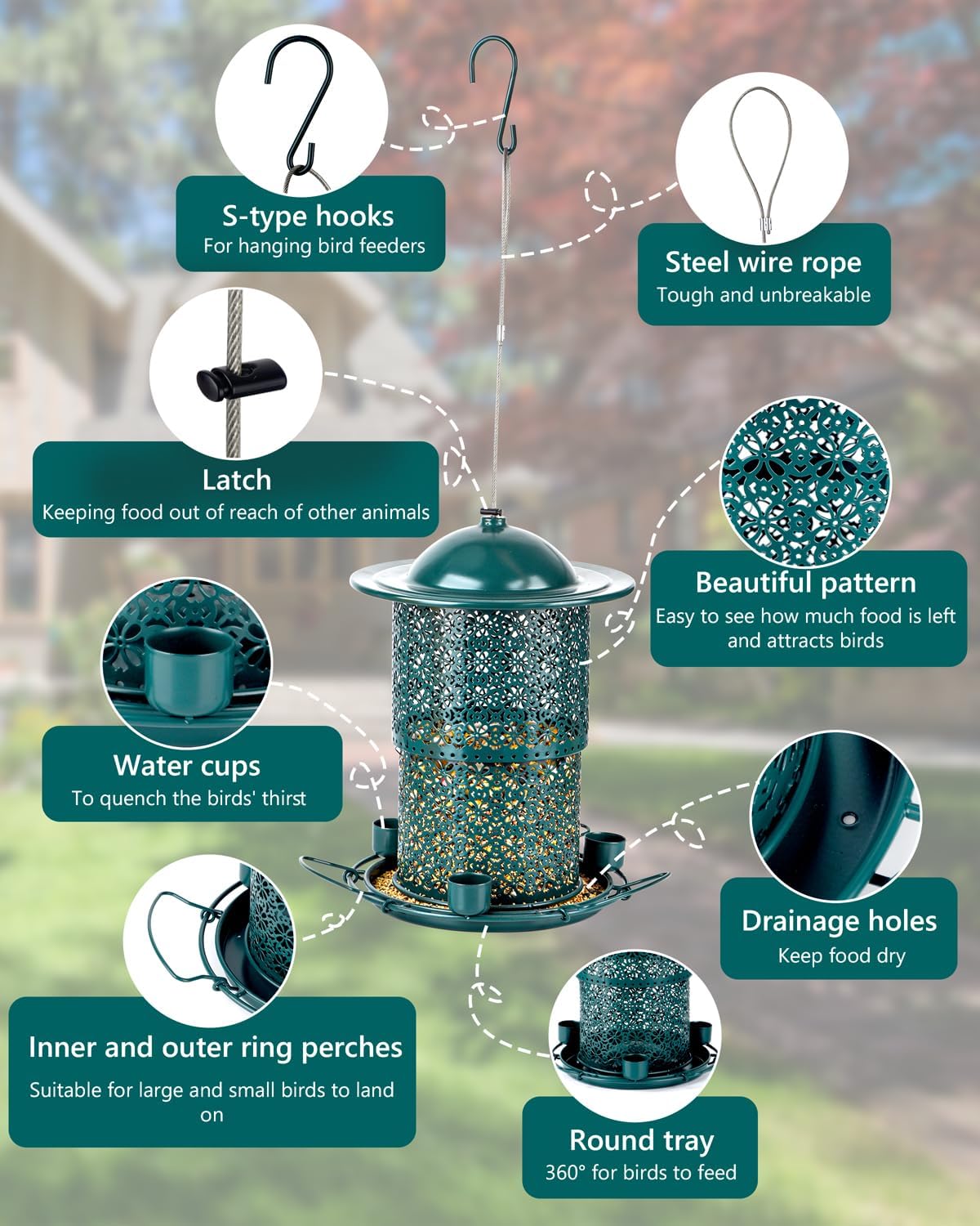 Metal Bird Feeders for Outdoors Hanging, Weather Resistant Wild Bird F