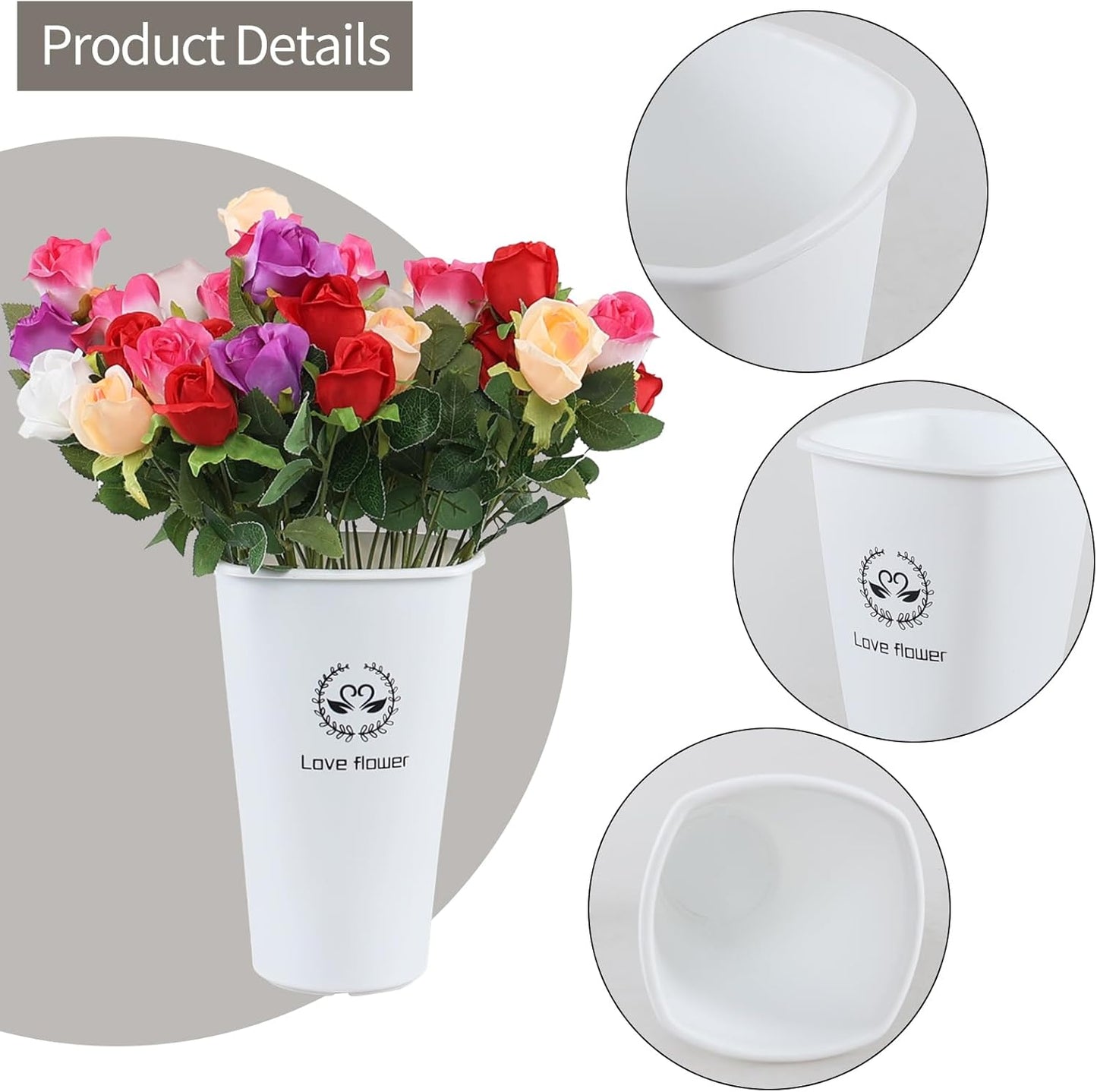 12 Inch Tall Flower Plant Buckets with Handles, Deep Plastic Flower Holder Tall Plant Pot, Planter Farmhouse Vase, Set of 4, White
