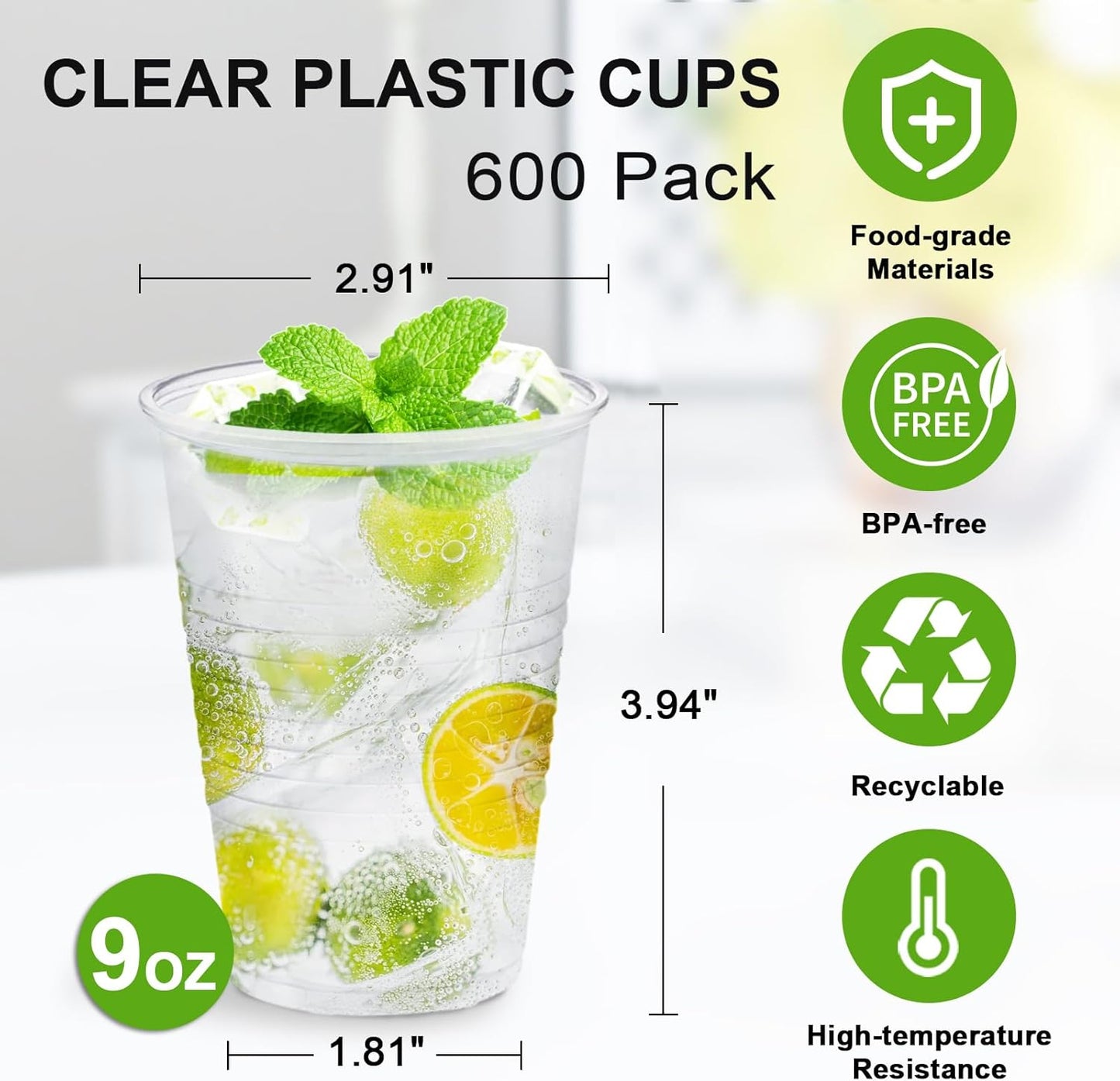 SIUQ 600 Pack 9 oz Plastic Cups, Clear Disposable Cups, Hot/Cold Party Drinking Cups, PP Clear Plastic Cups Bulk for Party, Picnic, BBQ, Wedding, Travel
