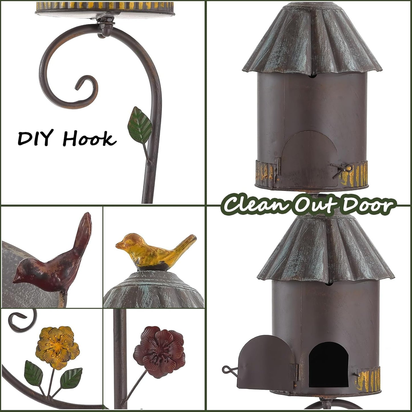 56" Tall Bird Baths for Outdoors, Metal Bird Bath and Birdhouse with Pole, Garden Bird Houses with Feeder on Stake, Standing Birdbath and Bird House for Outside, Outdoor Birdbaths with 4-Prong Base