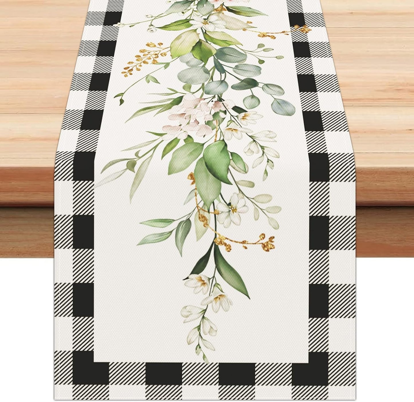 Bonhause Green Eucalyptus Leaves Flowers Table Runner 13x72 Inch Black White Buffalo Plaid Spring Plants Kitchen Dining Table Decoration for Indoor Outdoor Home Party Decor