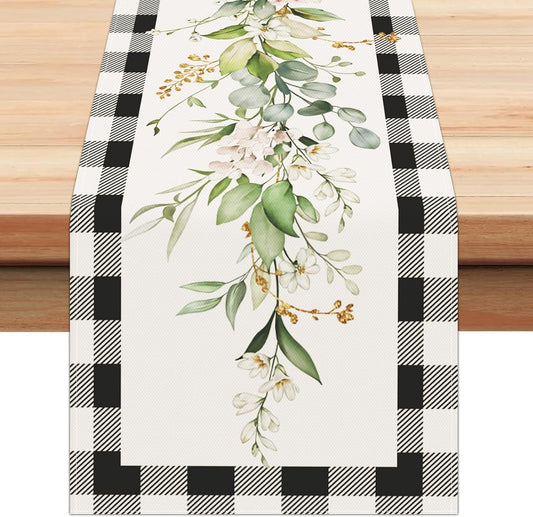 Bonhause Green Eucalyptus Leaves Flowers Table Runner 13x72 Inch Black White Buffalo Plaid Spring Plants Kitchen Dining Table Decoration for Indoor Outdoor Home Party Decor