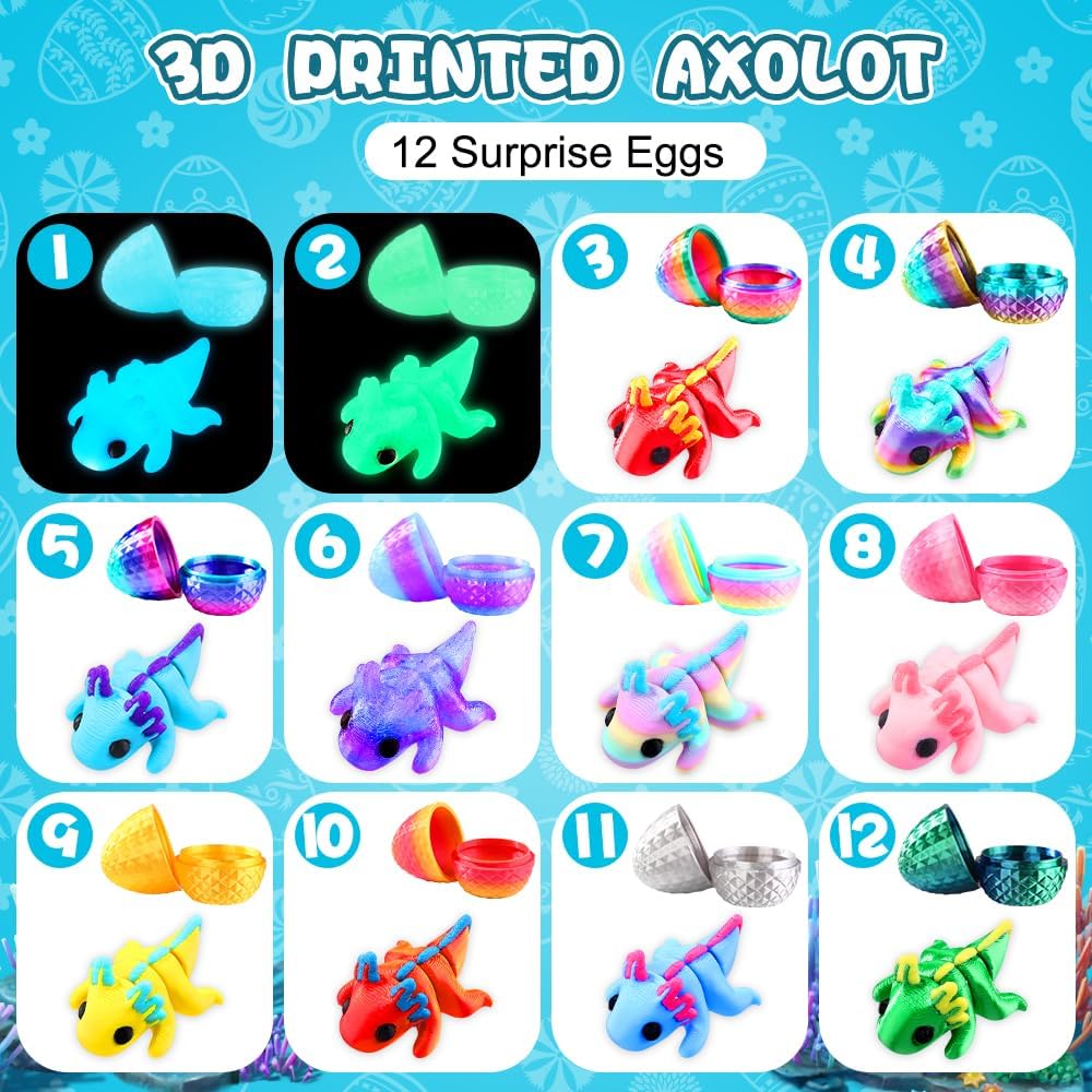 DIYDEC 24pcs Easter 3D Printed Animals Axolotl Figurines with 3D Printed Eggs Mini Fidget Toys for Kids Boys Girl Easters Basket Stuffers School Classroom Prizes Egg Hunt Party Favors Gifts