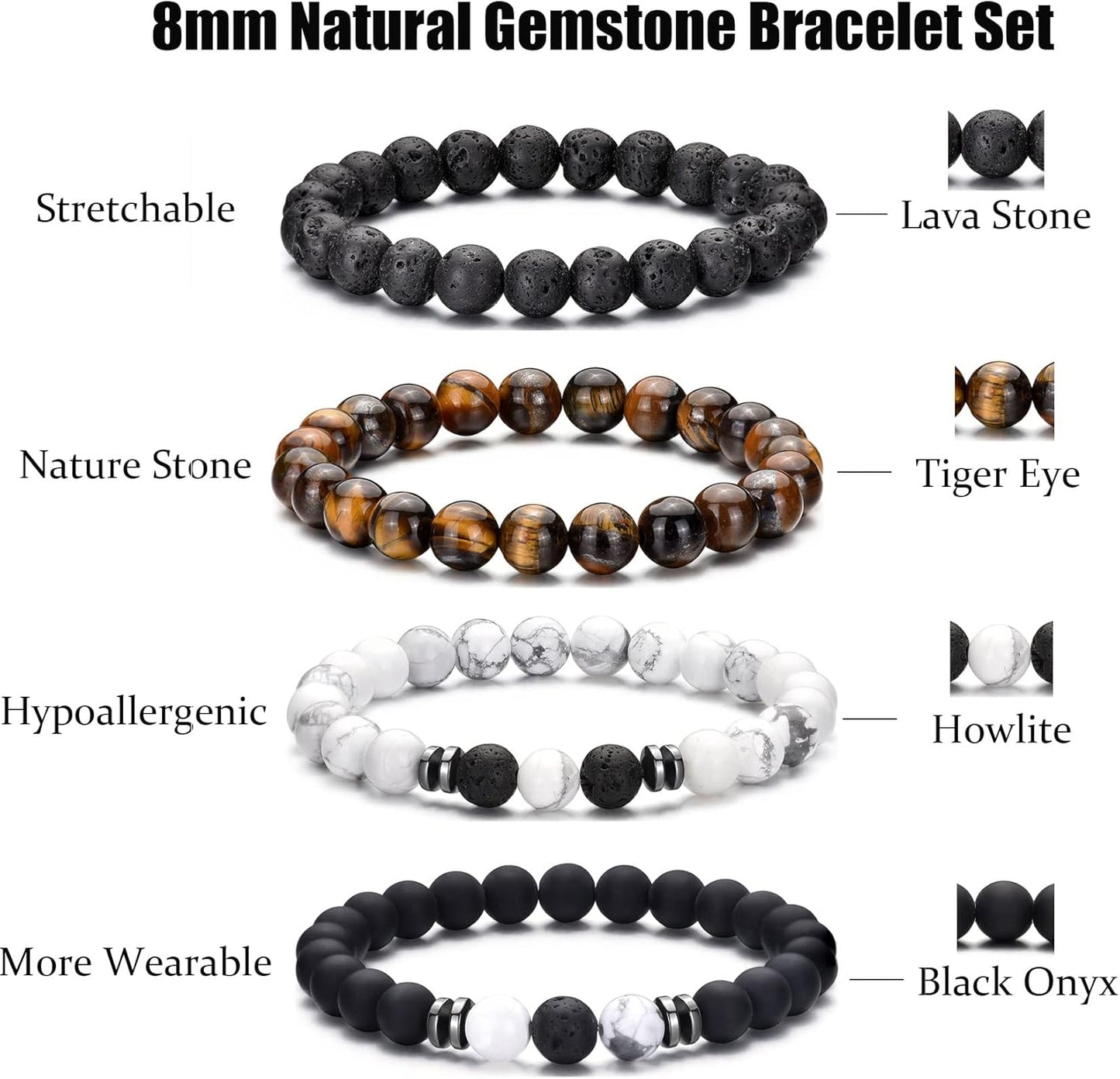 RANKEEF Tiger Eye Bracelet For Men 8MM Natural Stone Stretch Adjustabl