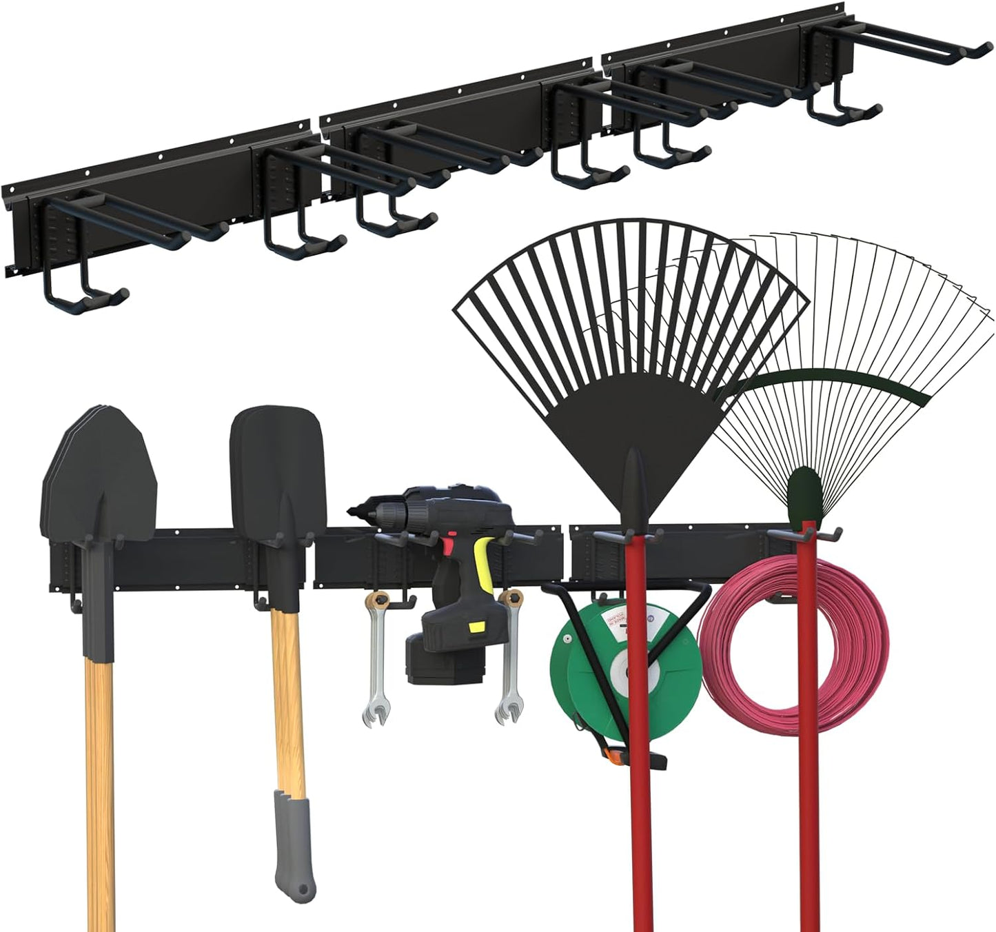 Wall Mount Garage Storage | Garden Tool Organizer | 350 lb Capacity Adjustable Steel Rails with 6 Rubber-Coated Hangers | Rustproof Carbon Steel Storage Rack for Garage, Shed & Outdoor Tools