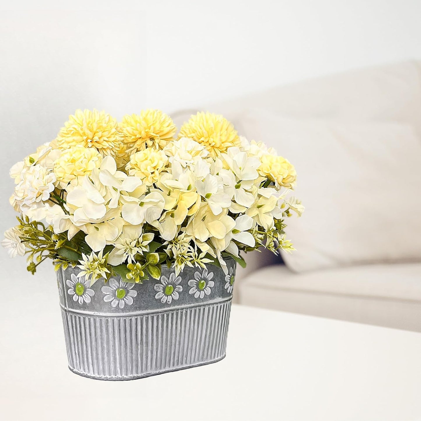 Artificial Flowers in Pot, Fake Silk Hydrangea Flower Arrangement Table Centerpiece for Home Decoration, Yellow