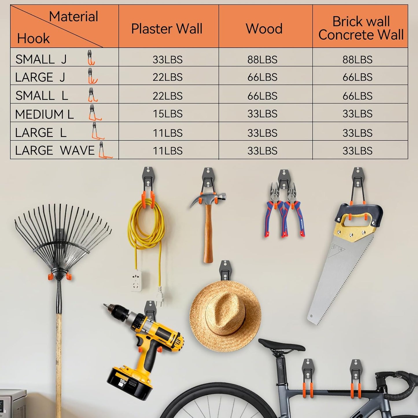 Garage Hooks Heavy Duty, 14 Pack Utility Steel Garage Storage Hook with Straps, Wall Mount Tool Organizer Hooks for Hanging Bike, Ladder and Garden Tools