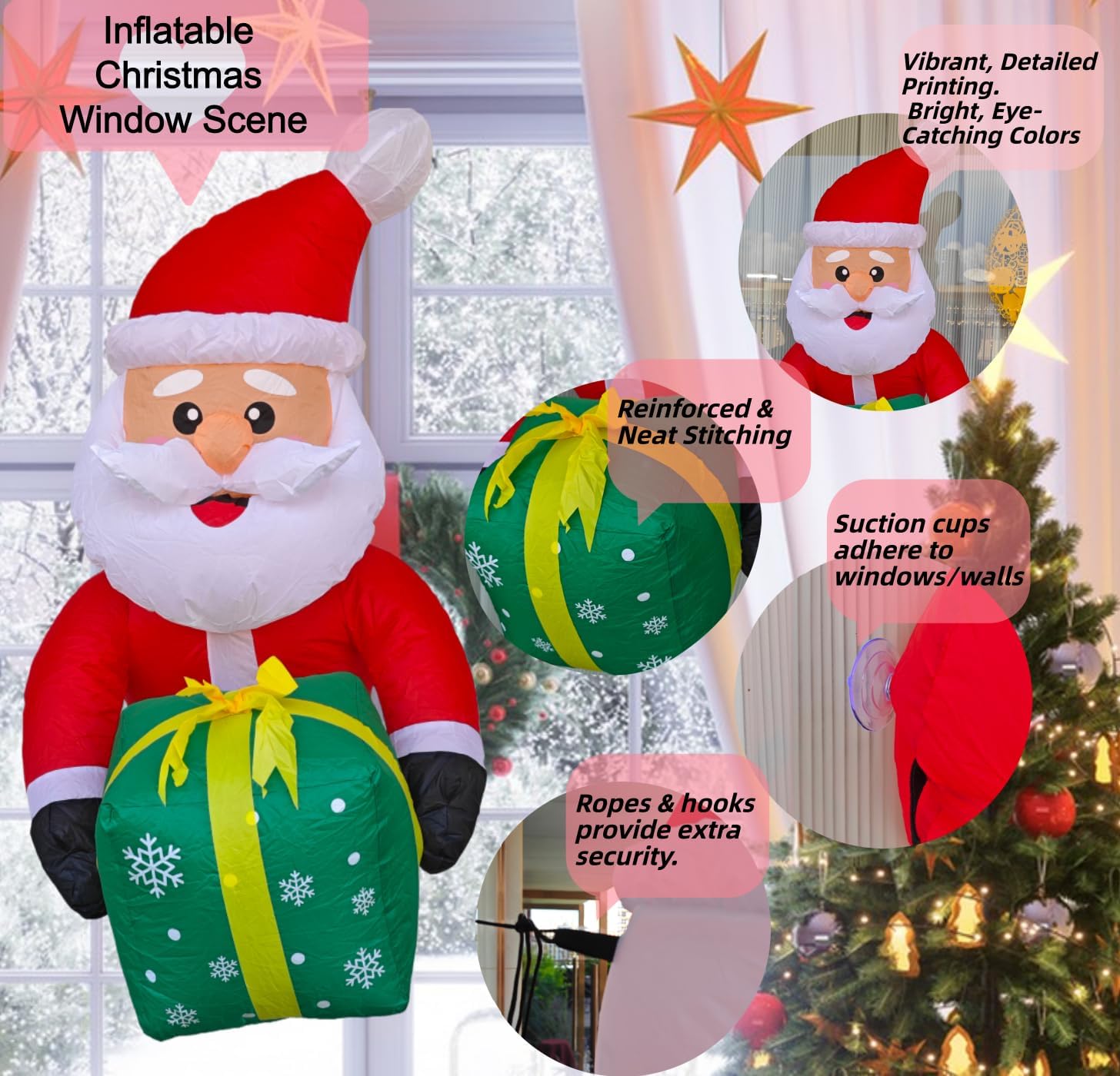 3.5FT Window Inflatble Decor- Christmas Santa Claus with Green Gift Bo