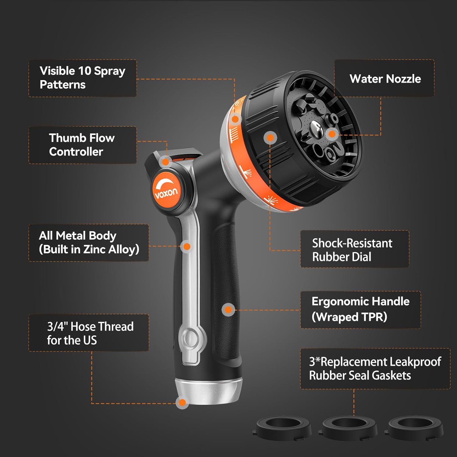 VOXON Hose Nozzle Heavy Duty 10 Spray Patterns - Metal Garden Water Ho