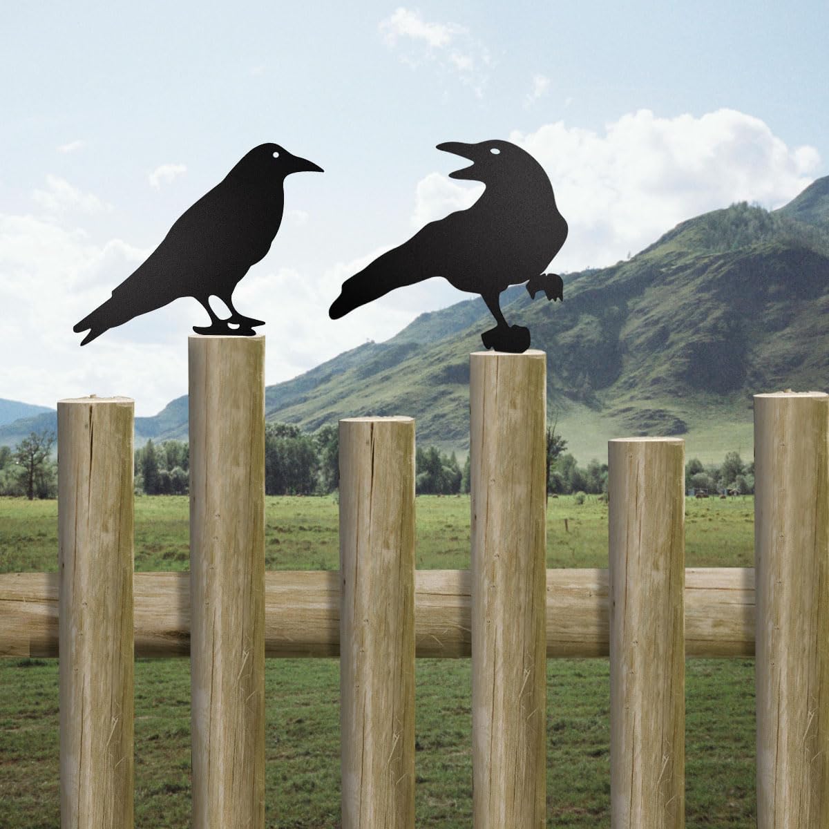Black Metal Raven Decor ，3PCS Outdoor Raven Yard Fence Decorations ，Metal Birds Craft Ornaments Garden Fence Topper Outdoor Yard Art