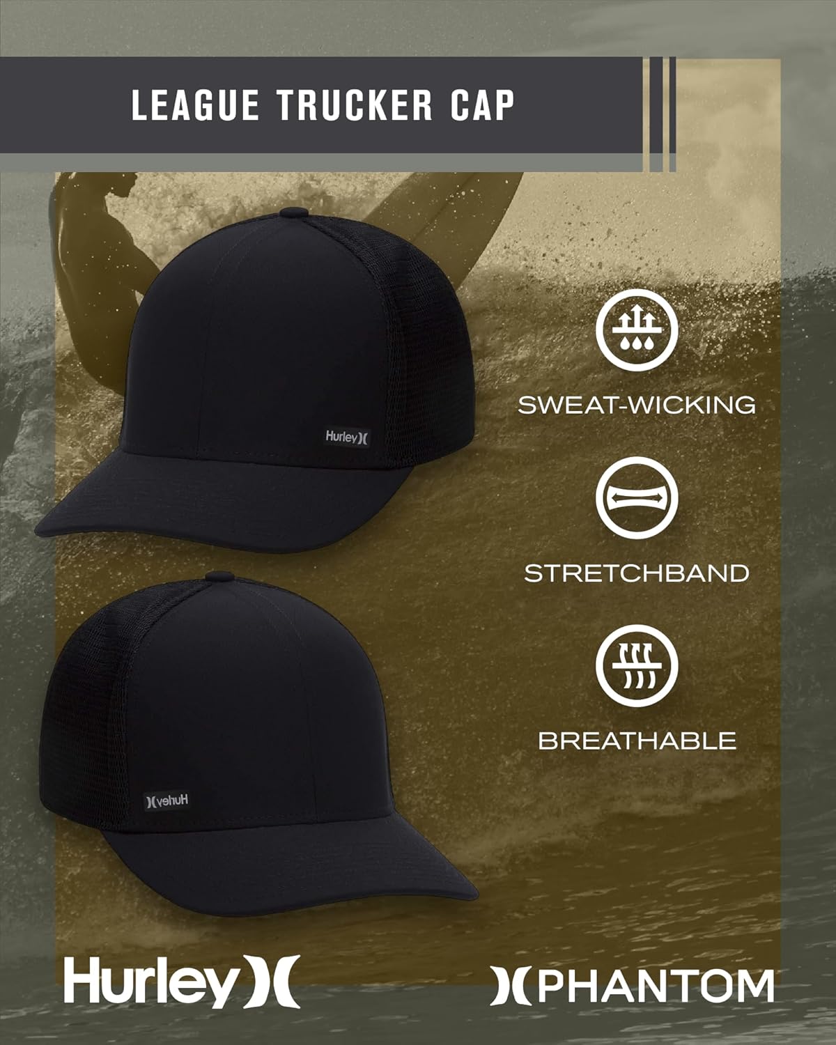 Hurley Men's Caps - H2O-Dri League Baseball Caps for Men with Snapback