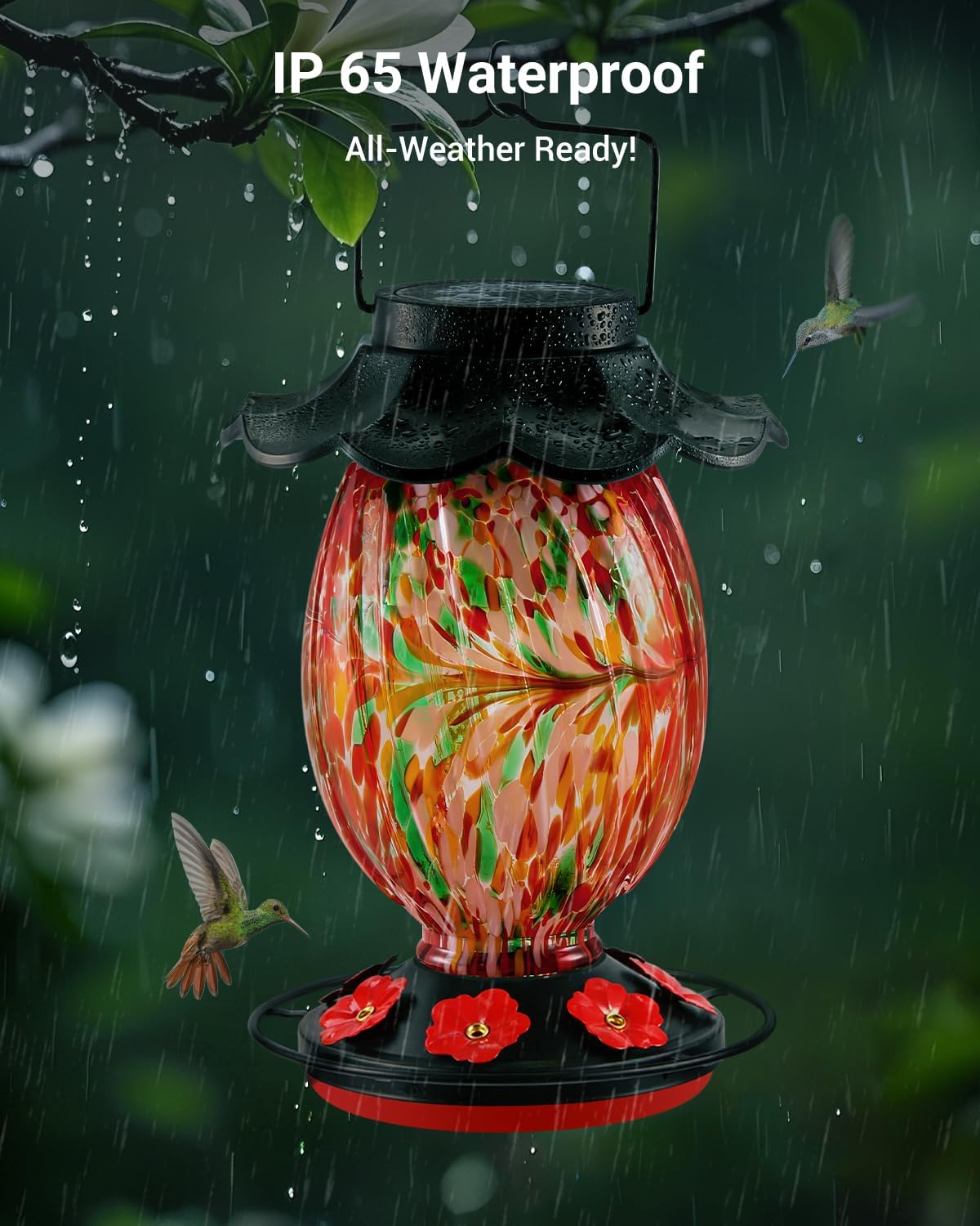 Solar Hummingbird Feeder - 49 fl.oz Hand Blown Glass Color Changing - 