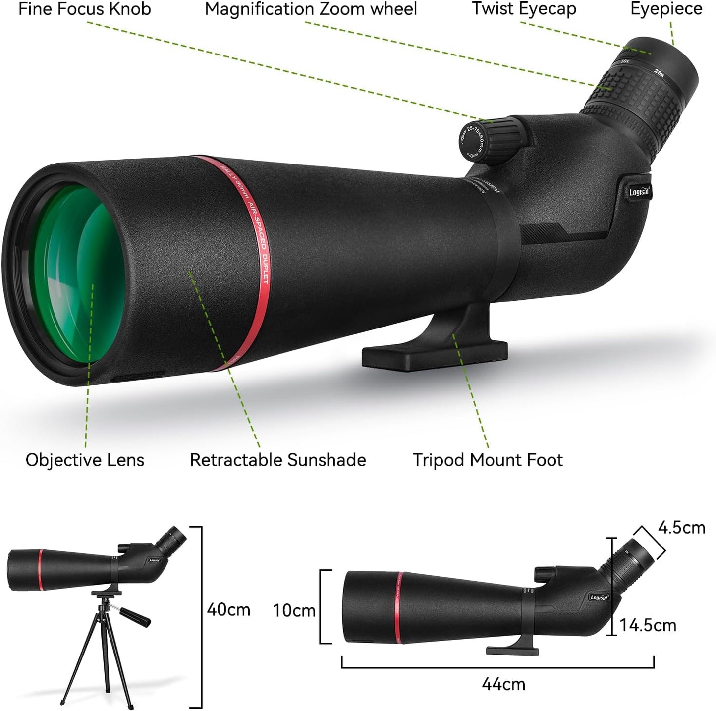 25–75x80 HD Spotting Scope for Bird Watching & Target Shooting, BAK4 Prism Angled Spotter Scope with Tripod & iPhone Adapter, Waterproof Fogproof Birding Scope for Hunting & Wildlife Viewing