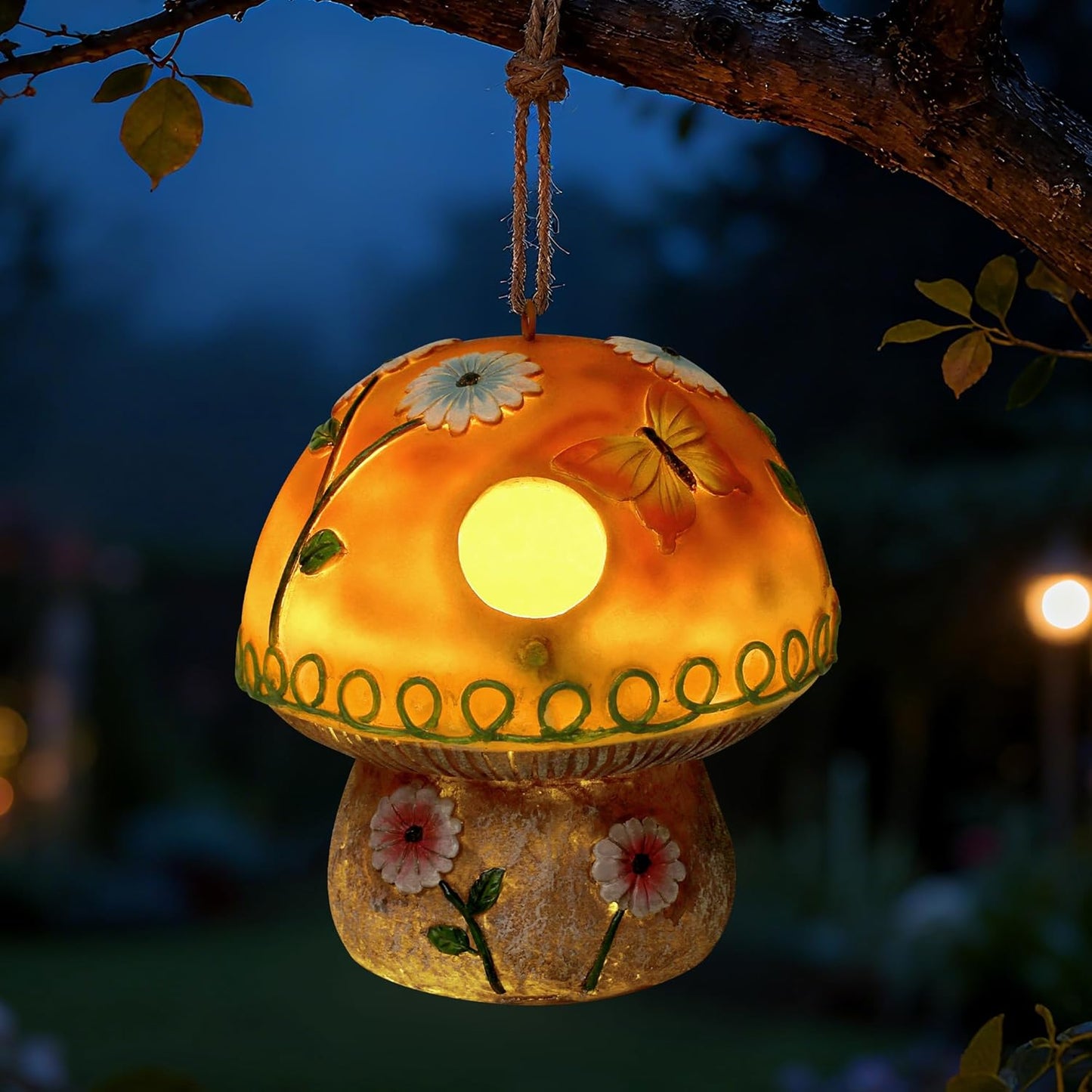 Solar Birdhouse for Outdoor Hanging, Mushroom Bird House with Lights Outside, Resin Garden Statue Decorative Nesting Box for Chick Blue Bird Hummingbird Woman Gifts for Yard Patio