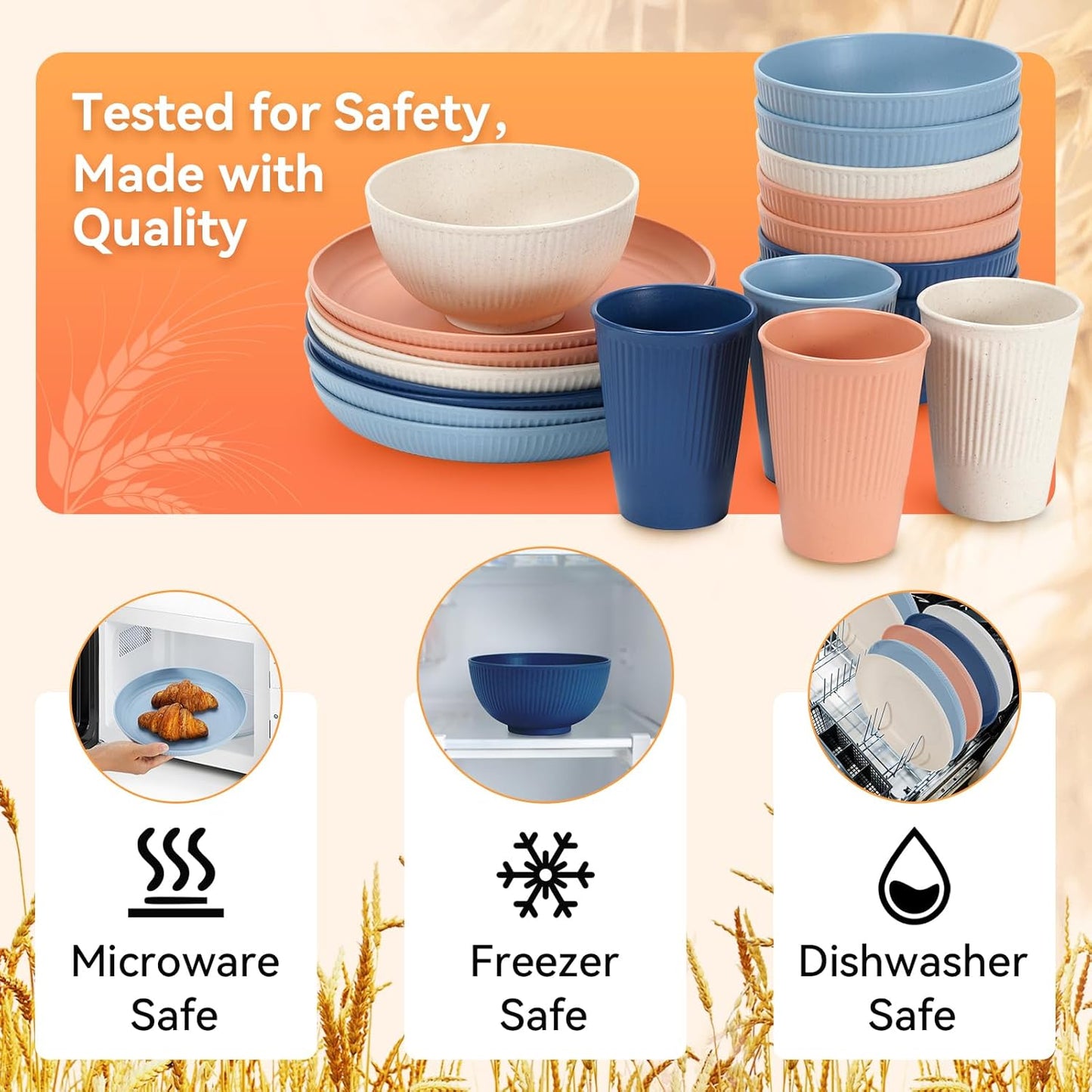 Wheat Straw Dinnerware Sets,64-Piece Black Plates and Bowls Sets for 8
