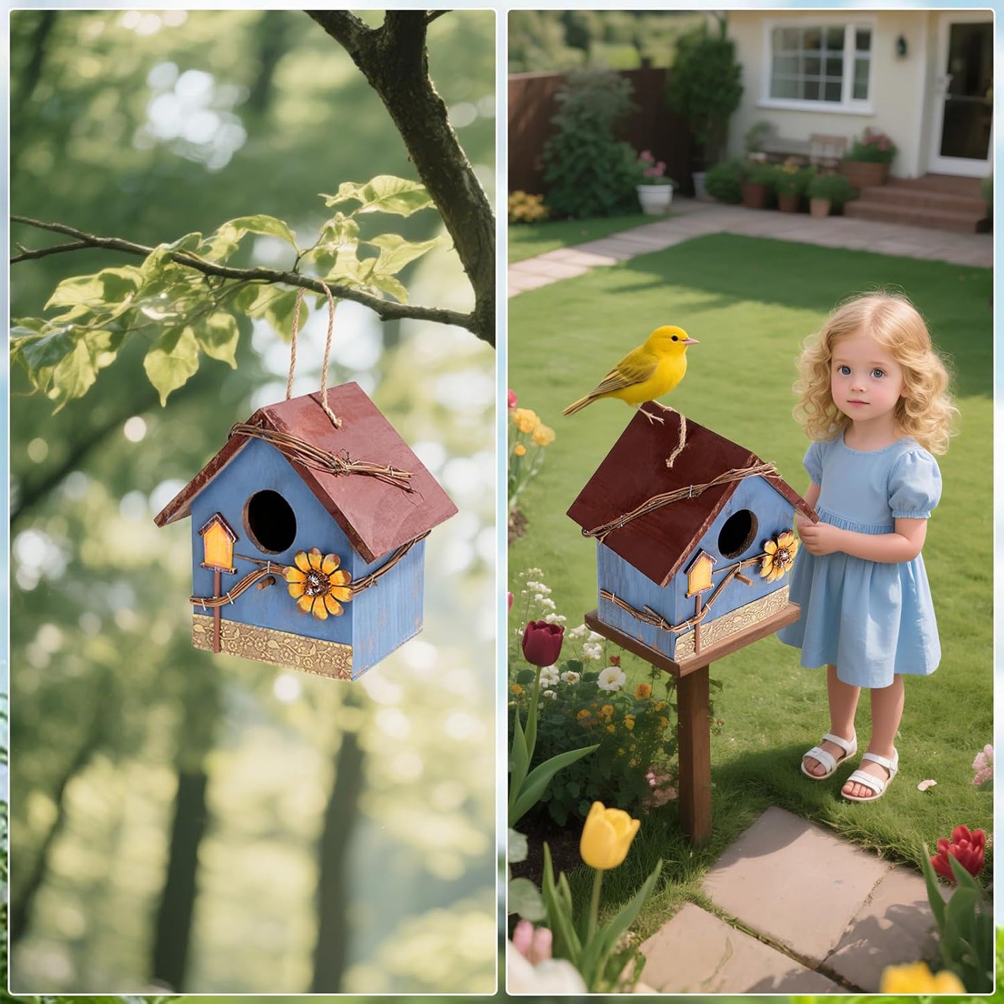 DEWEL Bird Houses for Outside Clearance, Hanging Birdhouses for Outdoors, Garden Wooden Blue Bird Houses for Outdoors, Bird Nesting Box for Bluebird Finch Swallow Wren Chickadee, Gift for Bird Lovers