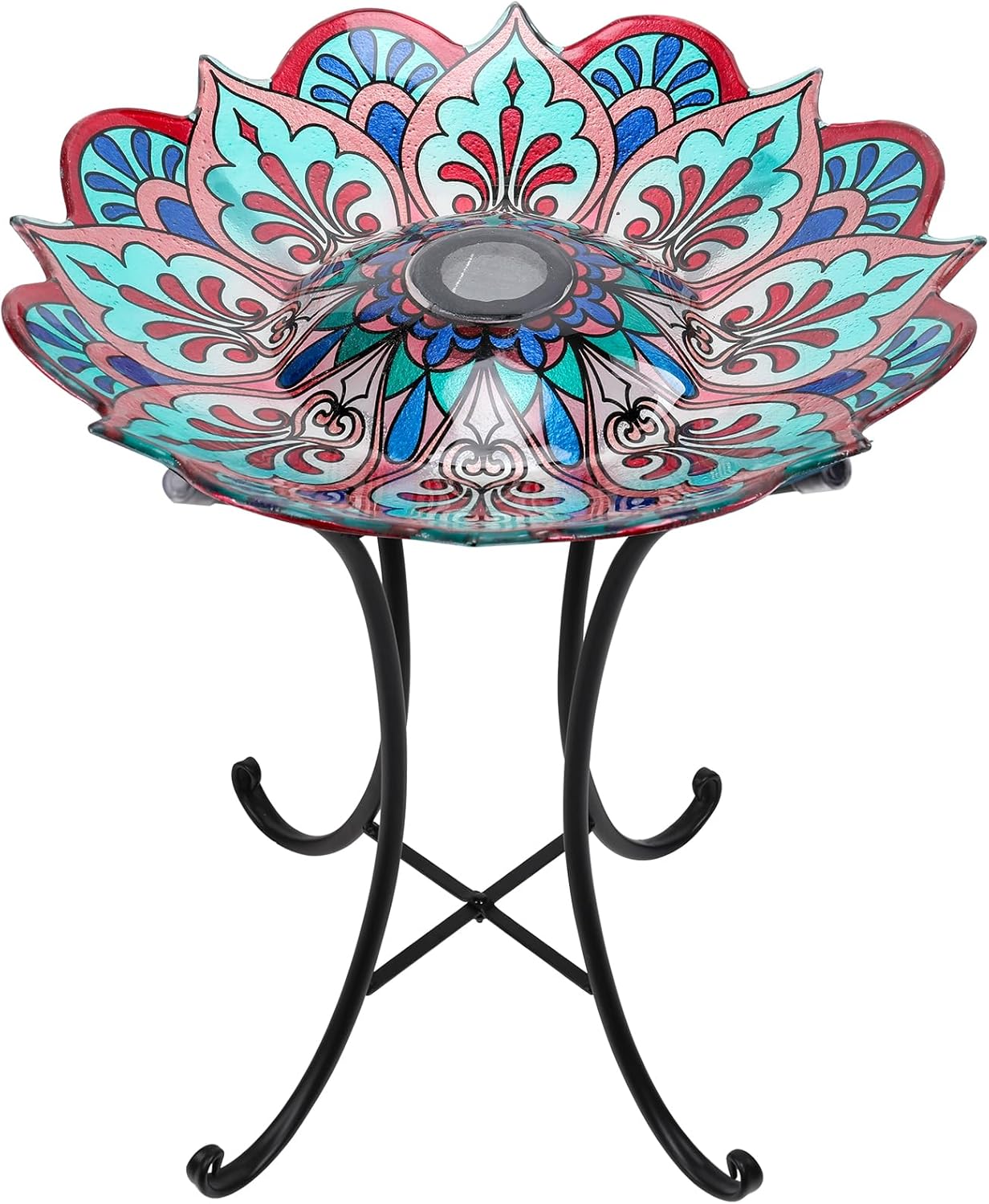 DREAM GARDEN Bird Bath for Outside, Glass Solar Birdbath with Foldable Metal Stand for Garden Yard Patio Lawn Decor, 21 Inch Height