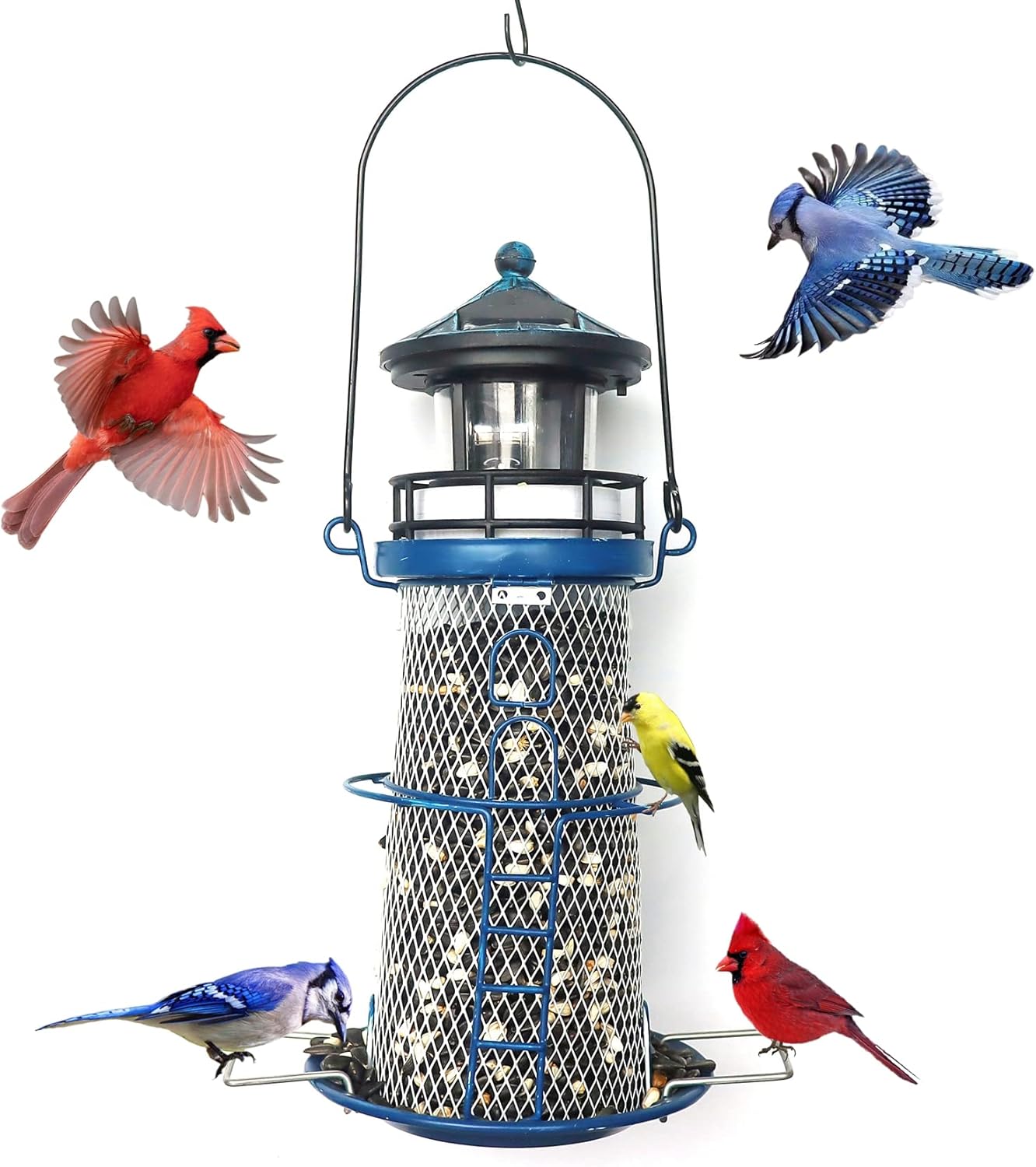 Solar Lighthouse Bird Feeder with Rotating Beacon - 14" Hanging Best Birdfeeder Gifts for Bird Lovers(Space Blue)