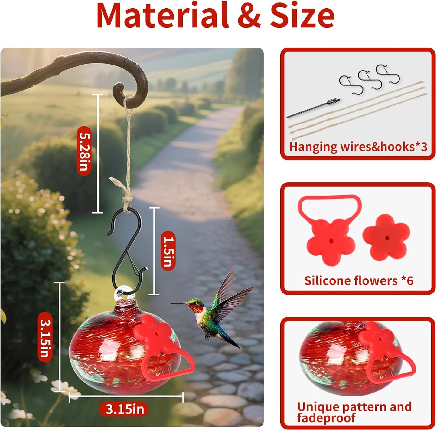 Set of 3 Hummingbird Feeders for Outdoors Hanging,Hand-Blown Glass Hummingbird Feeder with Silicone Feeding Perch,Never Leak,Gardening Gifts for Woman Man(Red)