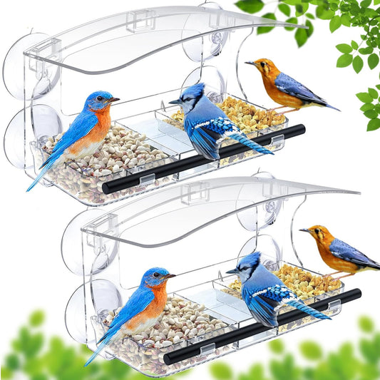 Window Bird Feeder 2 Pack with Strong Suction Cups, Clear for Viewing, Bird Feeders for Outdoors with Drain Holes