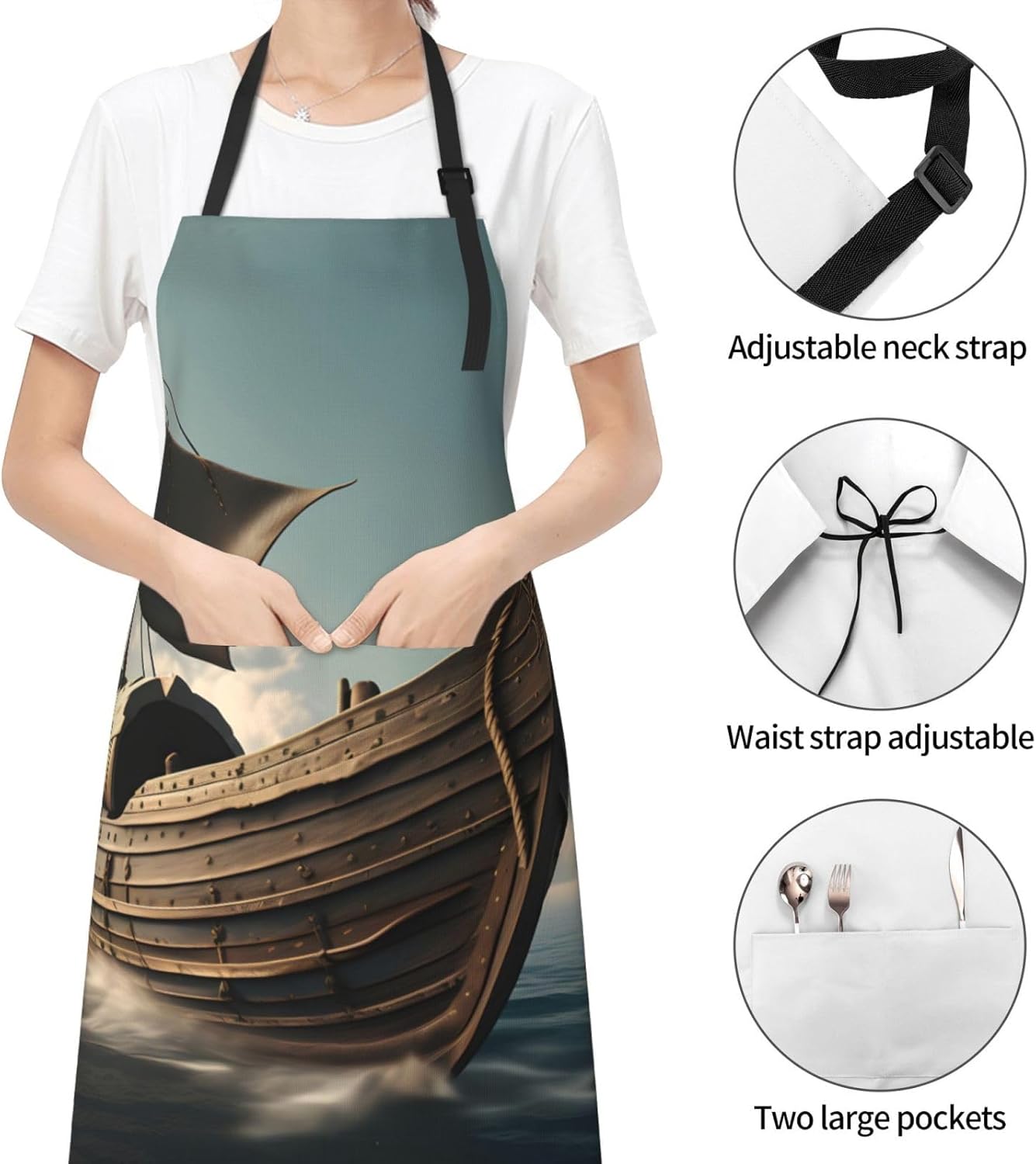 Old Viking Boat Print Laundry apron 28x33 In Waterproof Kitchen Apron with Pockets for Cooking Baking