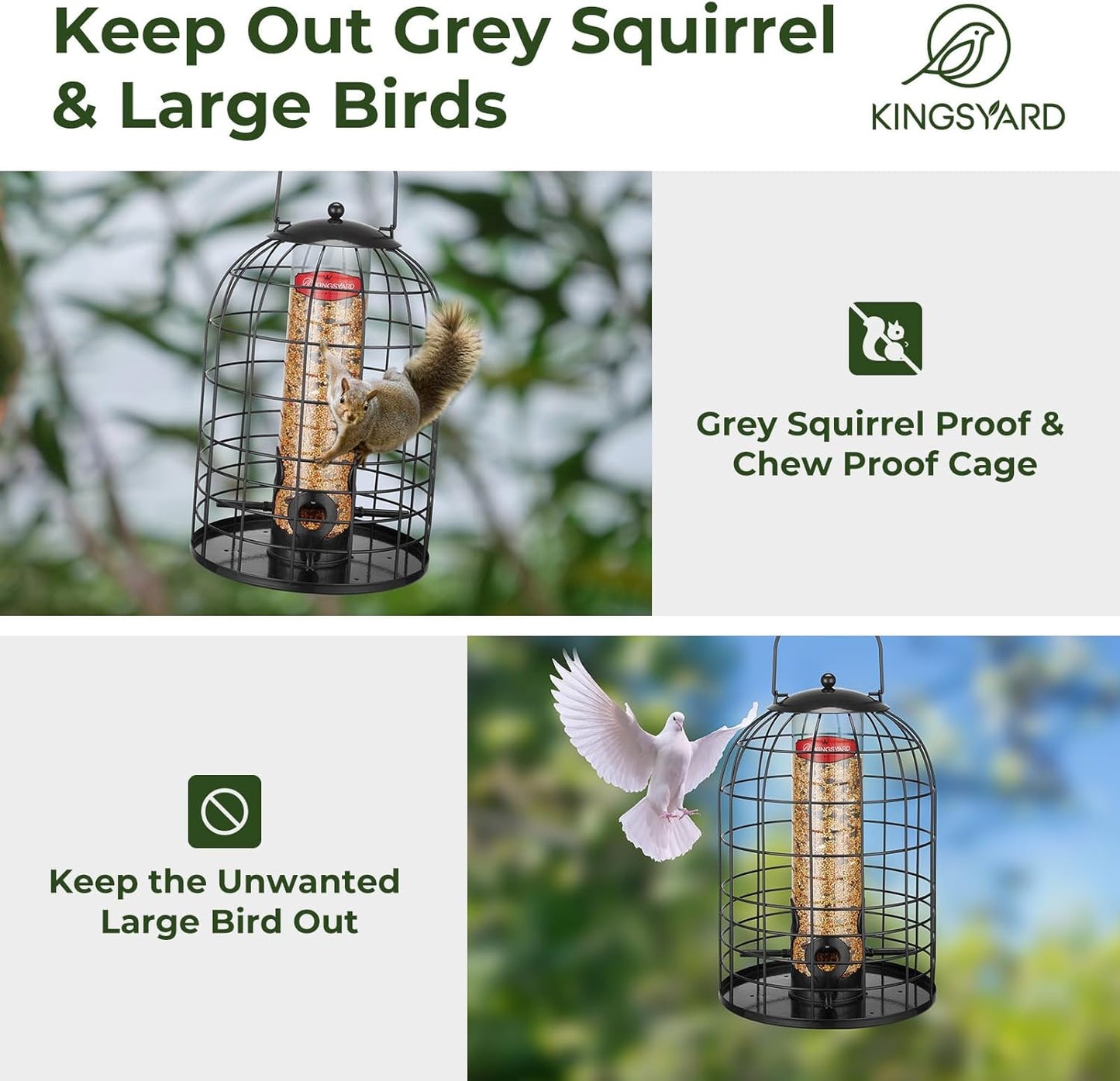 Kingsyard Metal Bird Feeder for Outdoors, Squirrel Proof Caged Tube Feeders Hanging Green, Wild Small Birds Rainproof Station for Garden Yard Seed Easy Clean, Black