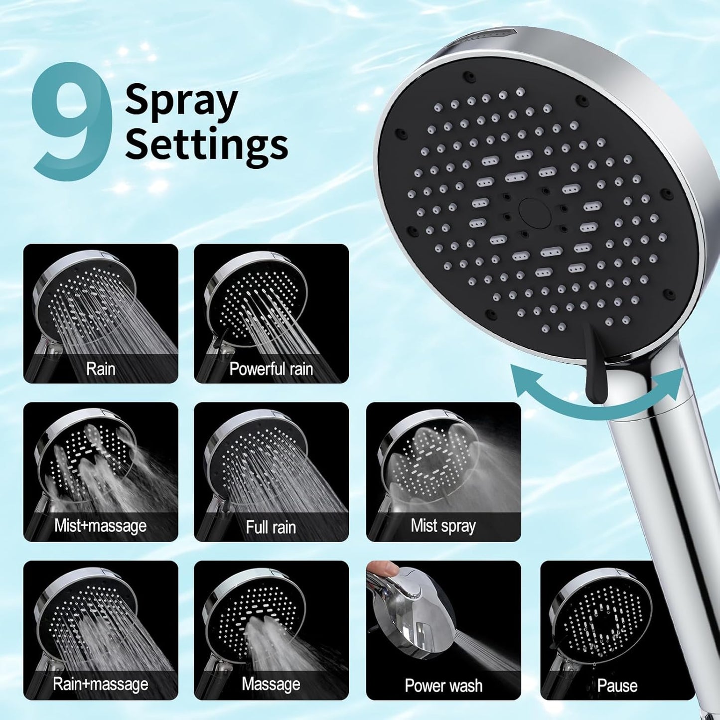 SR SUN RISE NSF Filtered Shower Head with Handheld High Pressure 9-Spray Settings Power Wash Detachable Filter for Hard Water Removes Chlorine (Chrome Silver, 4.9inch)
