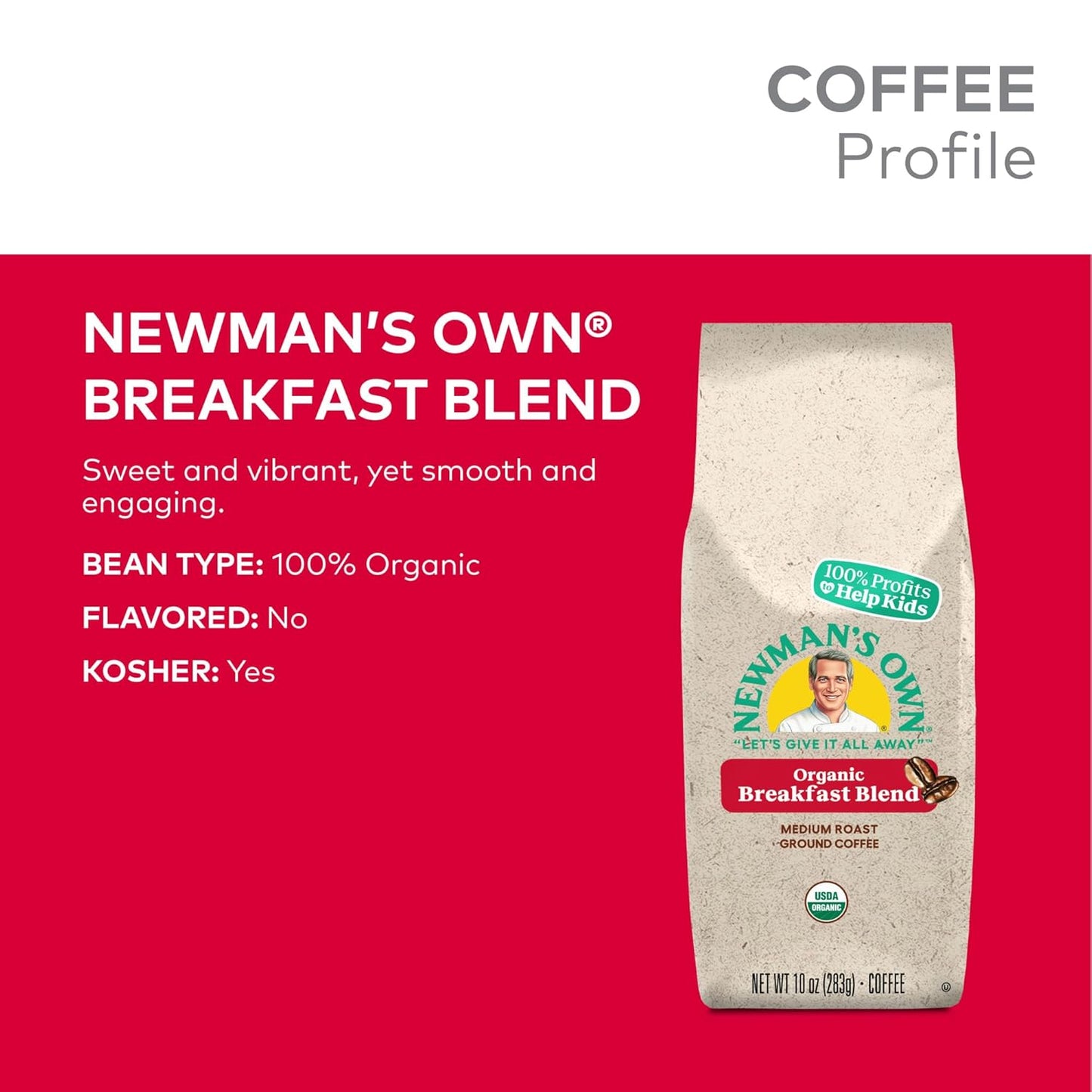 Newman's Own Organics Breakfast Blend, Ground Coffee, Fair Trade Certified, Medium Roast, Bagged 10oz