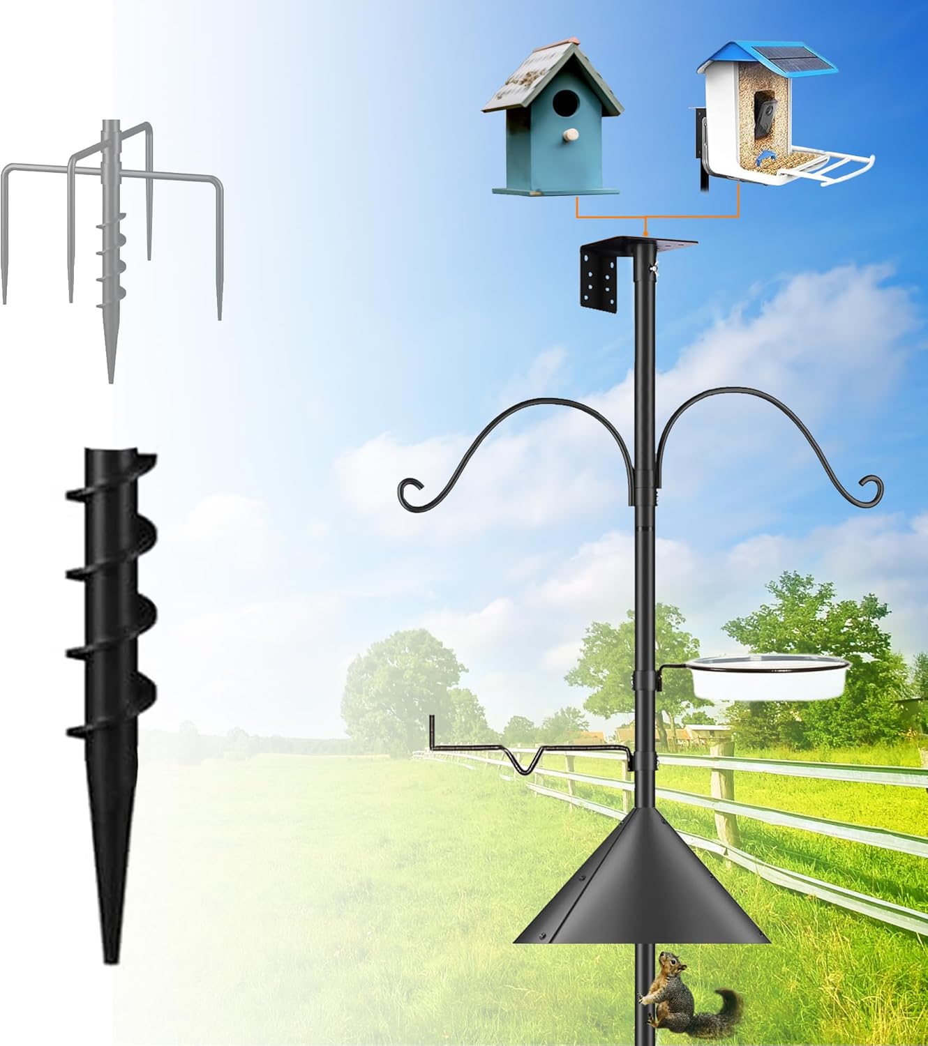 93 Inch Bird Feeder Pole, Outdoors Bird House Pole Kit for Smart Birds Feeder, Feeding Station Kits with Squirrel Guard Baffle, Bird Bath, Wild Birds Watching (Shape A)