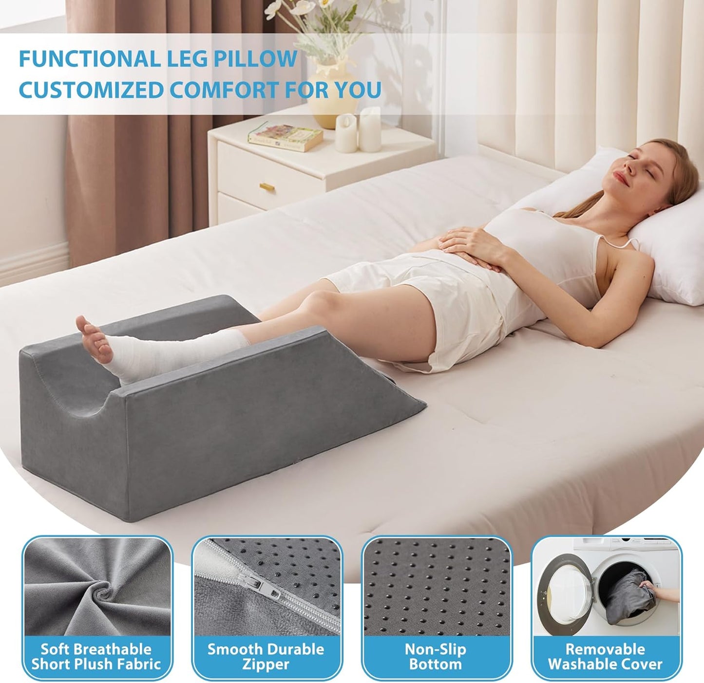 Leg Pillow Elevation Blood Circulation, Wedge Pillow for Legs Swelling, Knee Pillow Wedge Post Surgery, Leg Elevation Pillows for After Surgery, Memory Foam Foot Leg Elevating Pillow, Grey