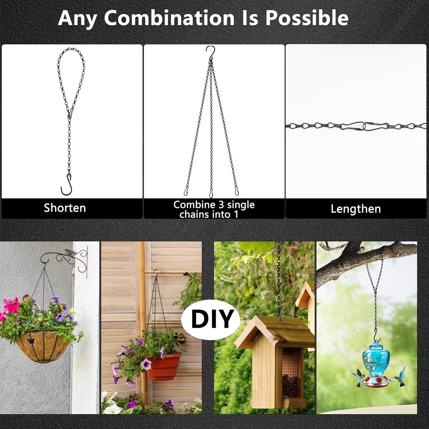 garini 26 Inch Hanging Basket Chain with Hooks, Black Hanging Chain for Hanging Bird Feeders, Billboards, Chalkboards, Basket, Planters, Lanterns, Wind Chimes and Decorative, 4 Pack