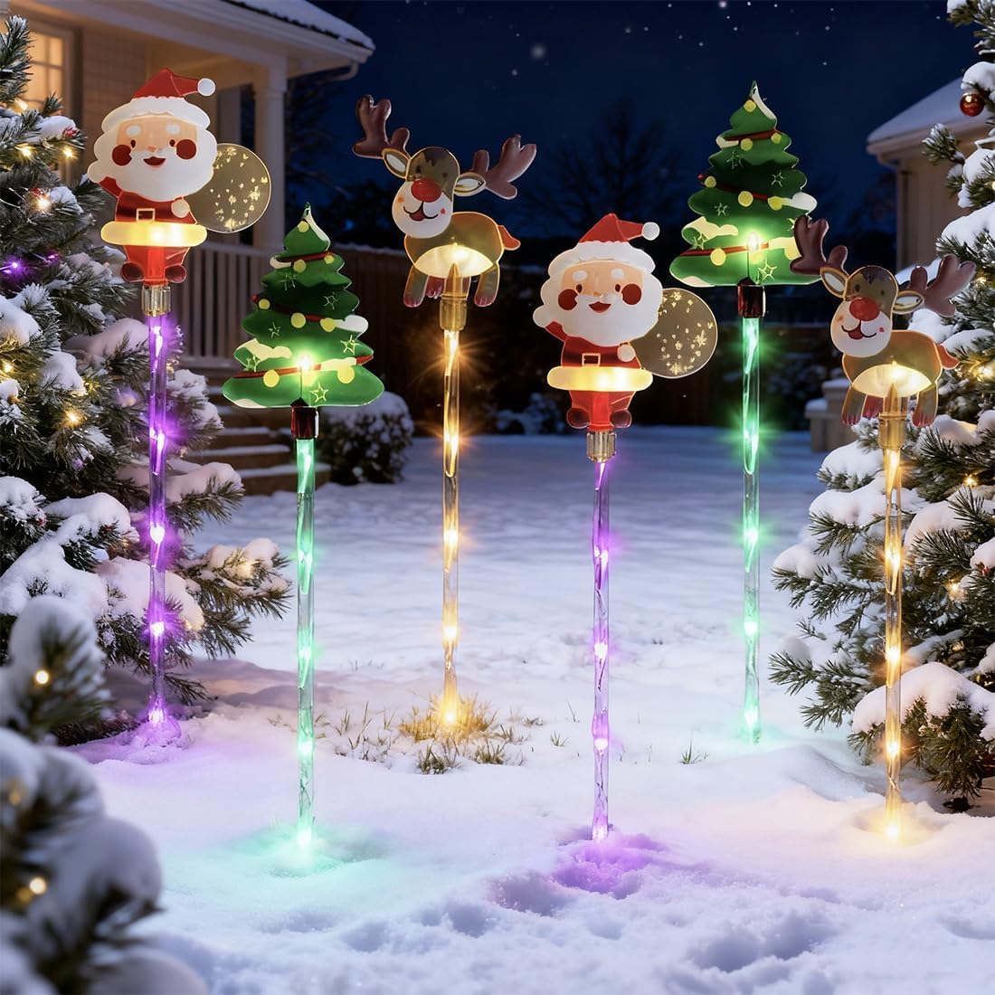 Moving Christmas Lights, 6 Pack of Moving Christmas Solar Lights, Waterproof LED Colorful Stakes Outdoor, Moving Christmas Tree & Reindeer Decorations for Yard, Garden, Courtyard, and Path (A-Style)