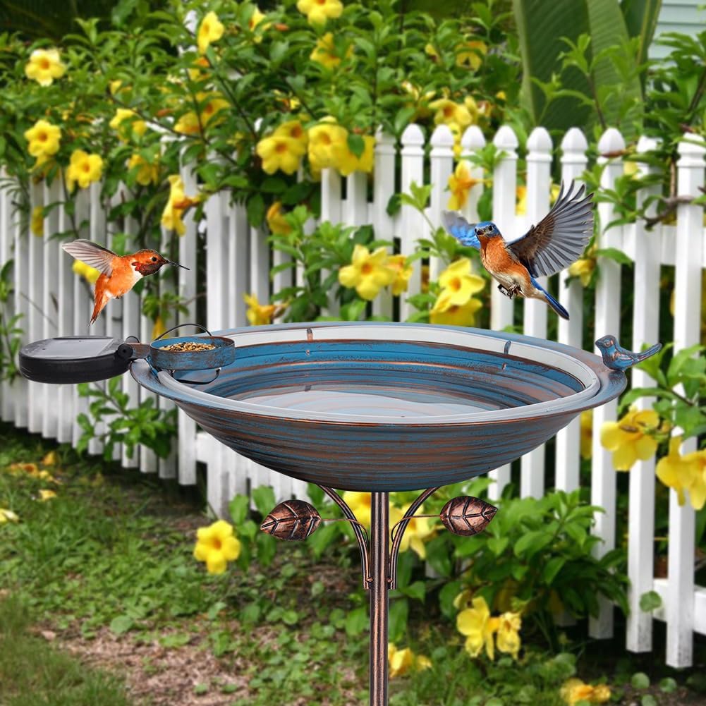 Metal Bird Bath with Stake, Large Standing Birdbath with Solar Light, 39" Tall Bird Bath & Feeder with 15" Bowl & Decorative Cast Iron Bird for Outside Garden Patio Yard Decor, Blue