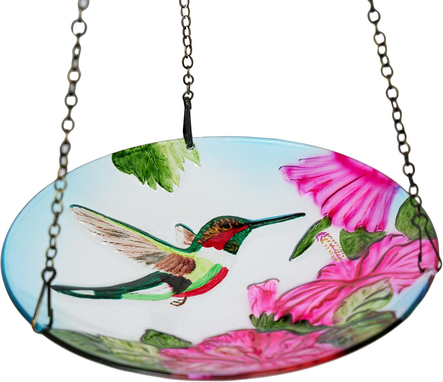 Alpine Corporation KBD150 Outdoor Hanging Glass Bird Feeder and Birdbath, Floral and Hummingbird Design with Chain, 10" W, Red/Green
