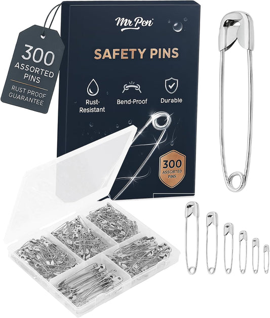 Mr. Pen 300 Pack Safety Pins, Assorted 5 Different Sized, Nickel Plated Steel, Rust Resistant, Small & Large Sizes, Bulk, for Clothes, Crafts, Pinning, Sewing, Art