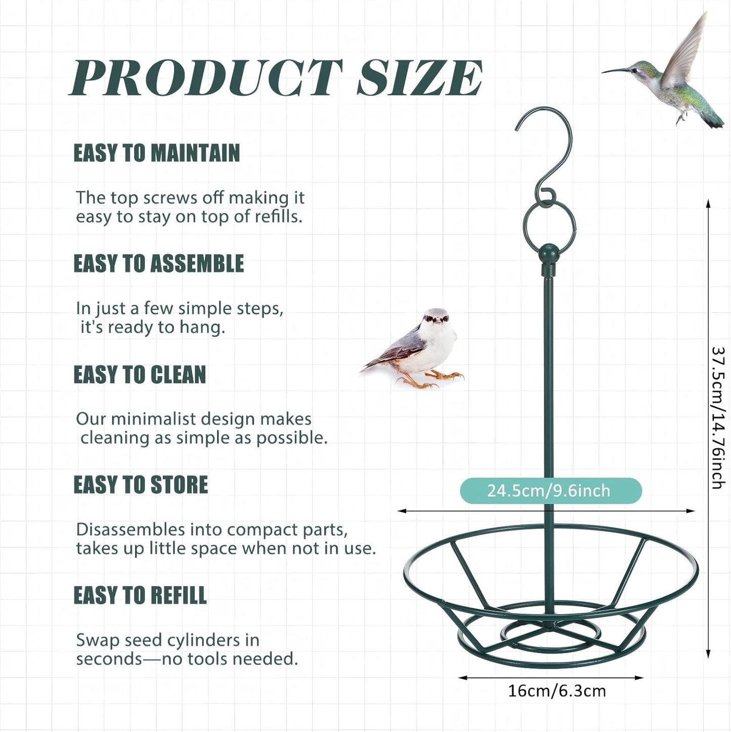 2 Pcs Dark Green Cylinder Bird Feeder for Outdoors Hanging Bird Feeders Holder Includes O-Ring & Locking S Hook Backyard Wild Birds Feeding Birds Container for Outdoors Garden