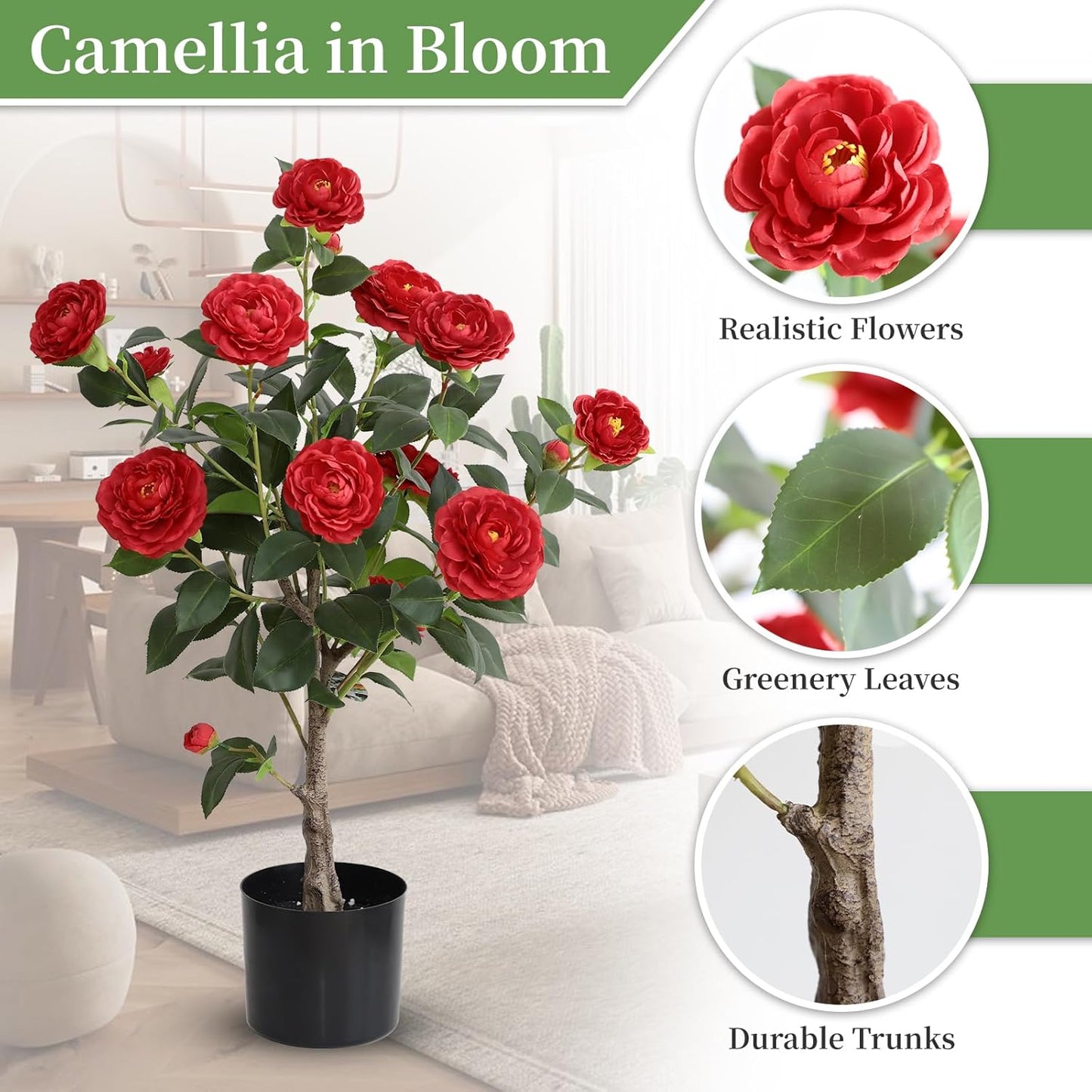 momoplant Artificial Camellia Tree 30 Inch Faux Flower Plant Set of 2 Fake Camellia Trees with 2 Black Pots Plant for Office Home Porch Outdoor Indoor Decor (Yellow&Red)