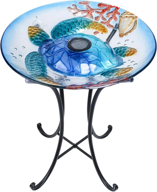 MUMTOP Outdoor Bird Bath, Large Glass Bird Baths Bowl with Metal Stand, Solar Turtle Birdbaths for Outside Garden Lawn Yard Decor, 18”Dia 21.65”Height