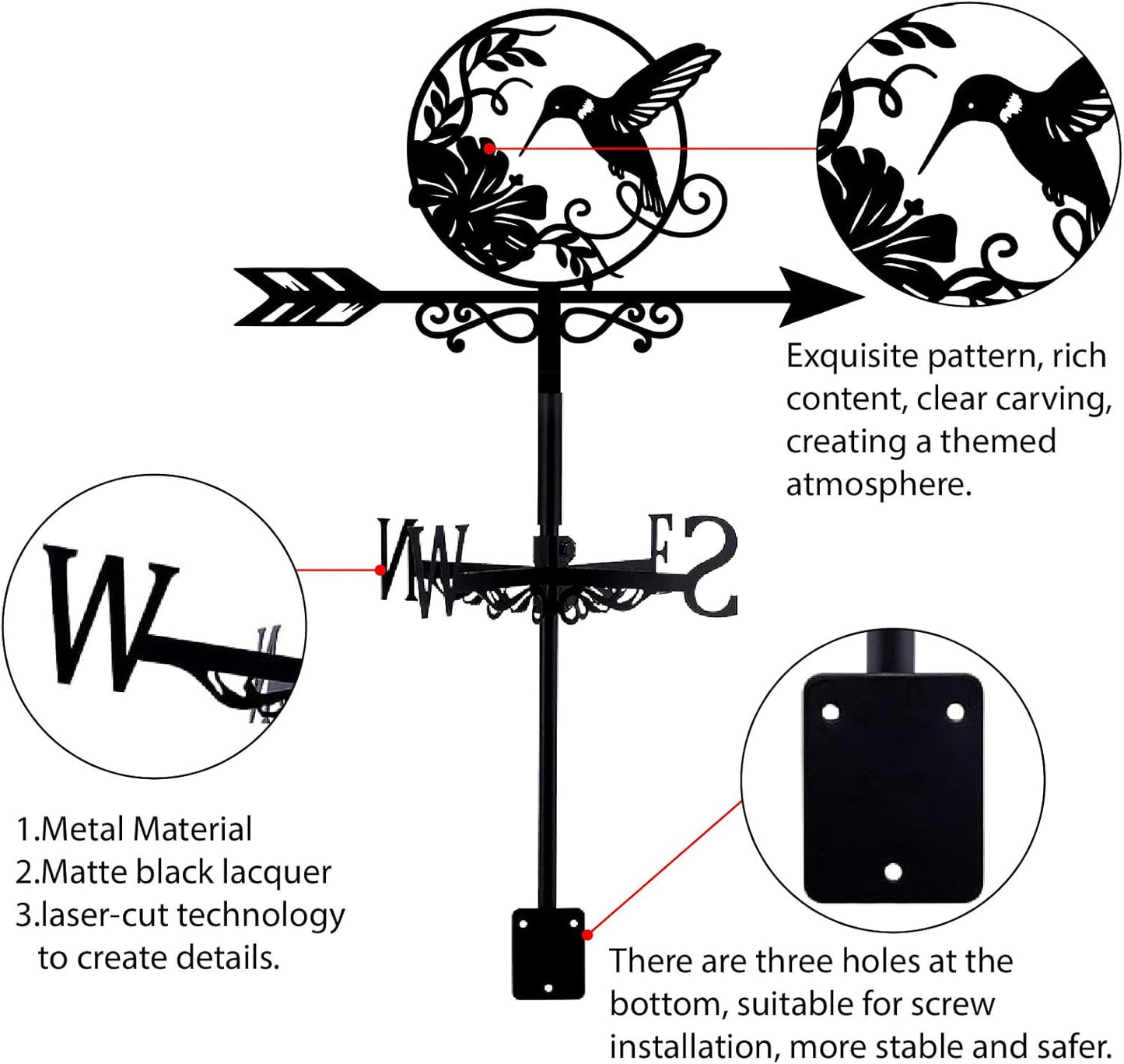 Hummingbird Weather Vane Outdoor Garden Wind Vane Black Bird Flower Pattern Iron Decorative Weathercock Wind Direction Indicator Tool for Farmhouse Sheds Yard Home Decoration 10.4 x 14 Inch