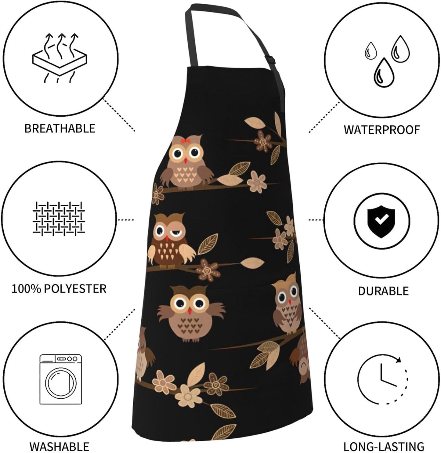 Cute Brown Cartoon Owls Print Laundry apron 28x33 In Waterproof Kitchen Apron with Pockets for Cooking Baking