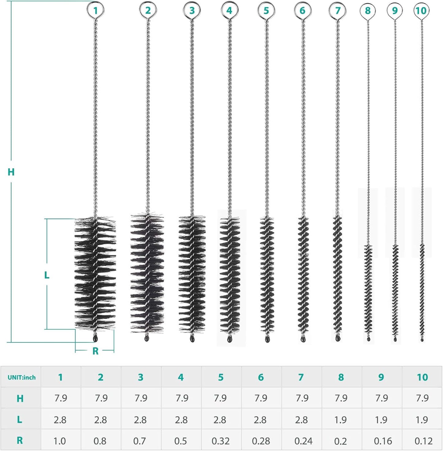CiaraQ Bottle Cleaning Brushes, 8 Inch Nylon Tube Brush Set, Cleaner for Narrow Neck Bottles Cups with Hook, Set of 10pcs