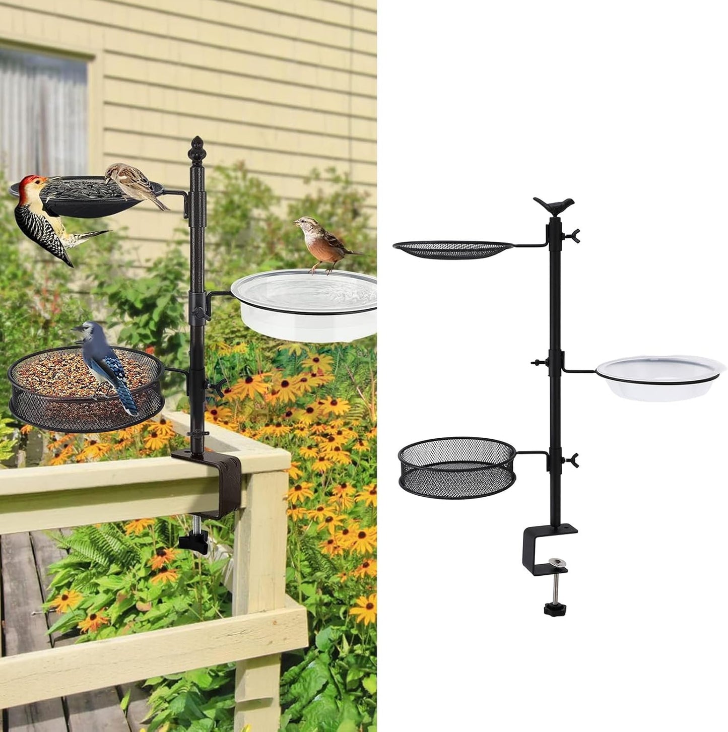 ZJchao Deck Bird Feeder Railing Mount Three Trays Bath Fence Outdoor B