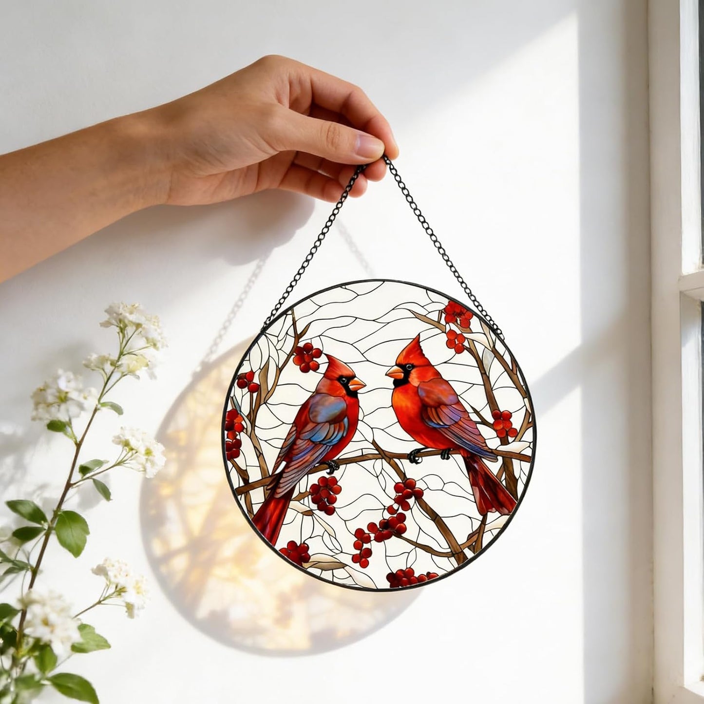 Red Cardinal Stained Glass Suncatcher - Handmade Christmas Window Hanging for Home Garden Deco